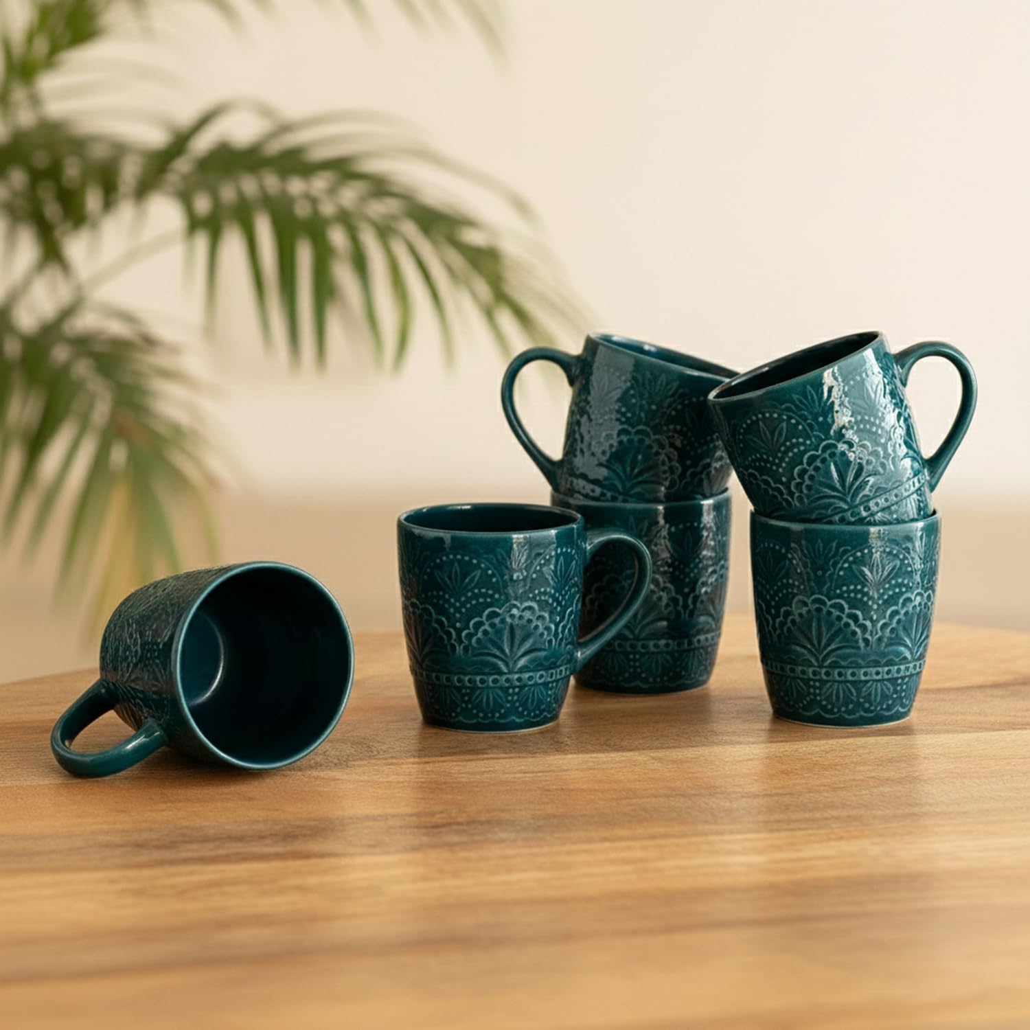 ExclusiveLane Teal Forest Ceramic Coffee Mugs Set of 6 (Set of 6, Each Mug : 180 ml, Microwave & Dishwasher Safe, HandGlazed)