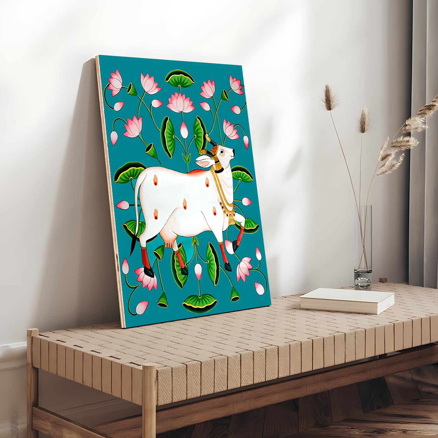 Chalk My Theme Sacred Cow Pichwai Wood Print Wall Art Blue Home Decor, Living Room, Bedroom, Cafe, Room Painting For Wall Decora