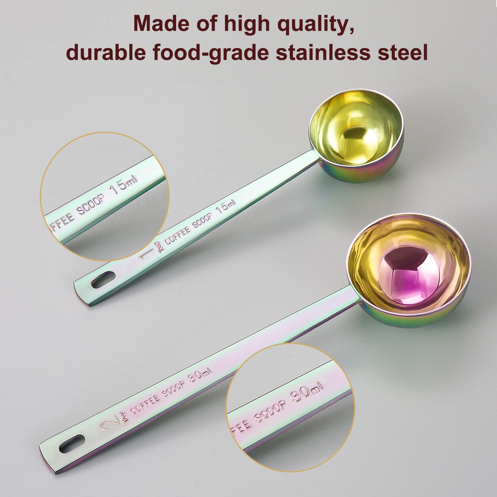 Premium coffee scoop set  set of 2  Metal stainless steel long handle coffee scoop  measuring coffee spoons contains 1 tablespoon (15 ml) and 2 tablespoons (30 ml) multicolor spoon.