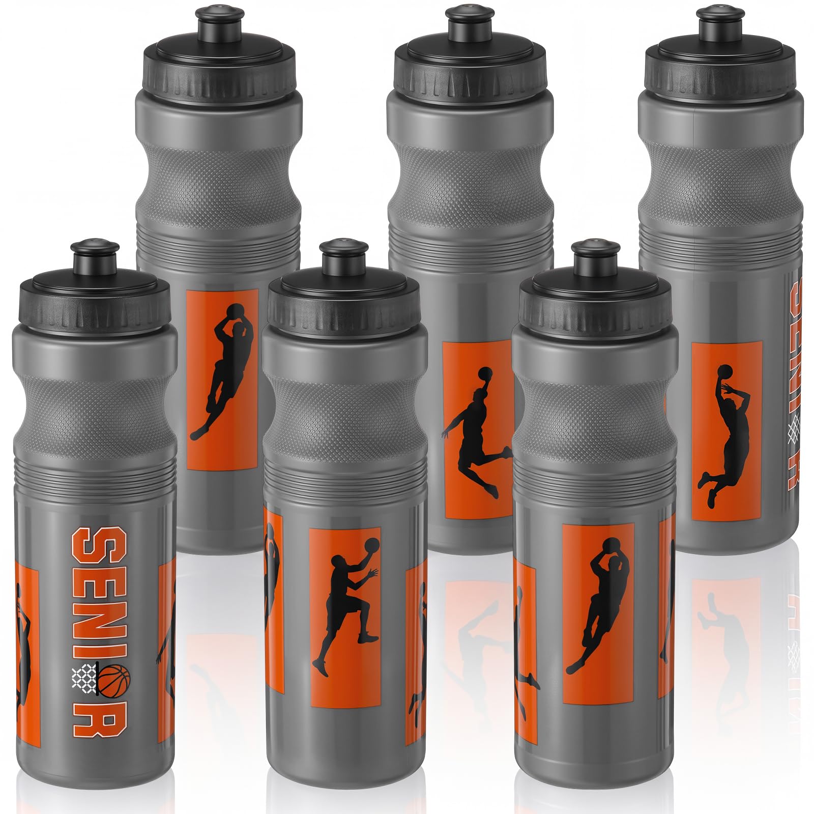 Talltalk 6 Pcs Basketball Water Bottle Bulk 24 oz Reusable Squeeze Water Bottles Portable Leakproof Gray Clear Container Basket