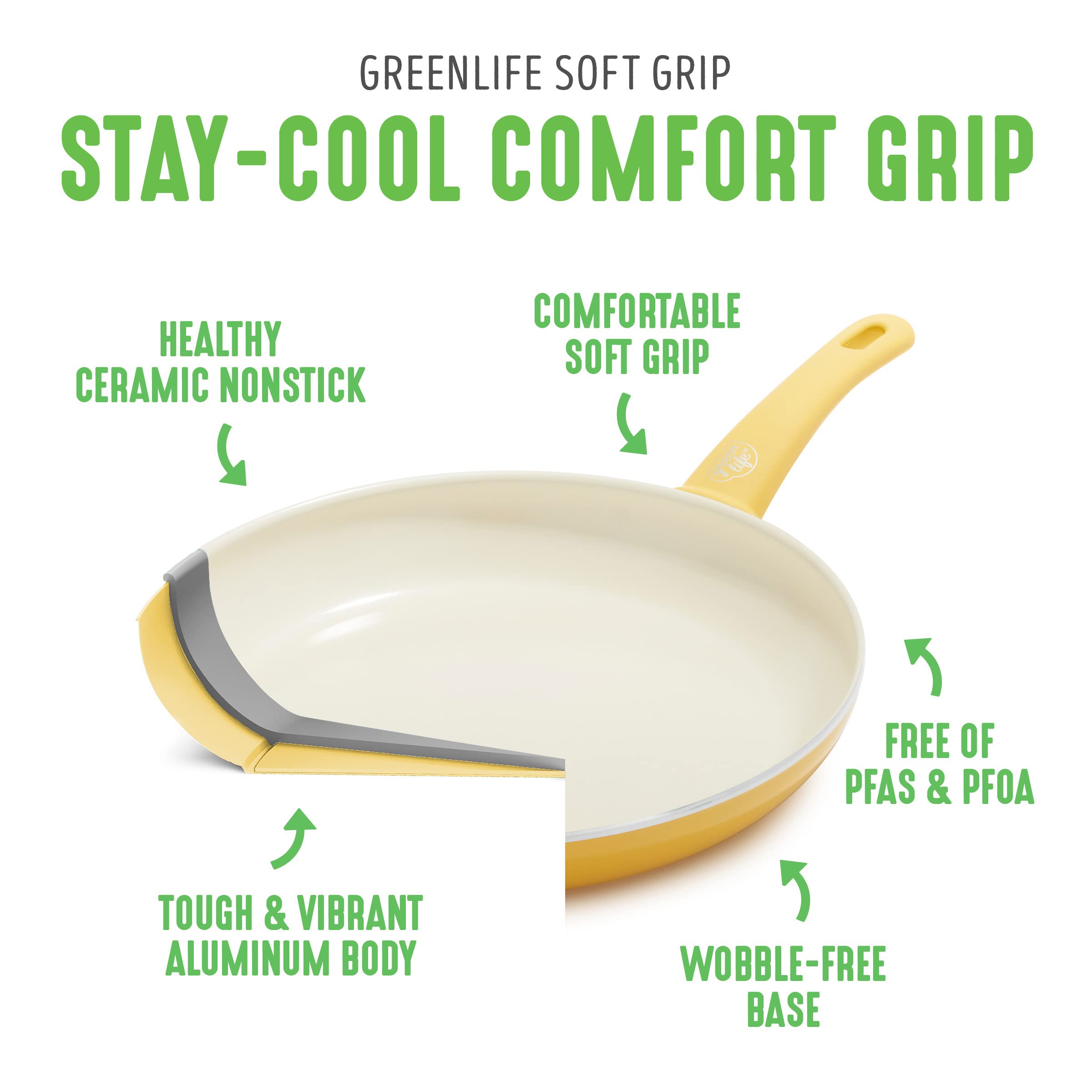GreenLife Soft Grip Healthy Ceramic Nonstick, 16 Piece Cookware Pots and Pans Set, PFAS-Free, Dishwasher Safe, Yellow