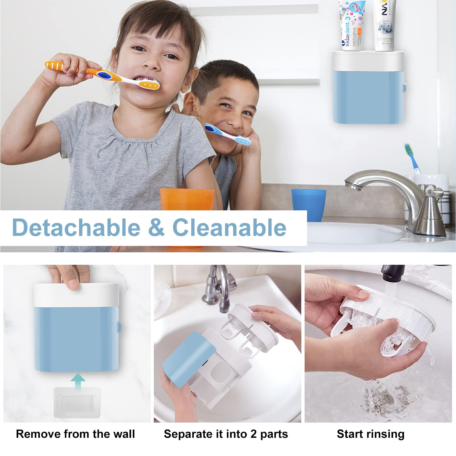 GFWARE Toothbrush Holder Toothpaste Dispenser Wall Mounted Blue Cover Electric Tooth Brush Stand Set with 2 Toothpaste Squeezers for Shower Bathroom Kids (No Electric  No Light)