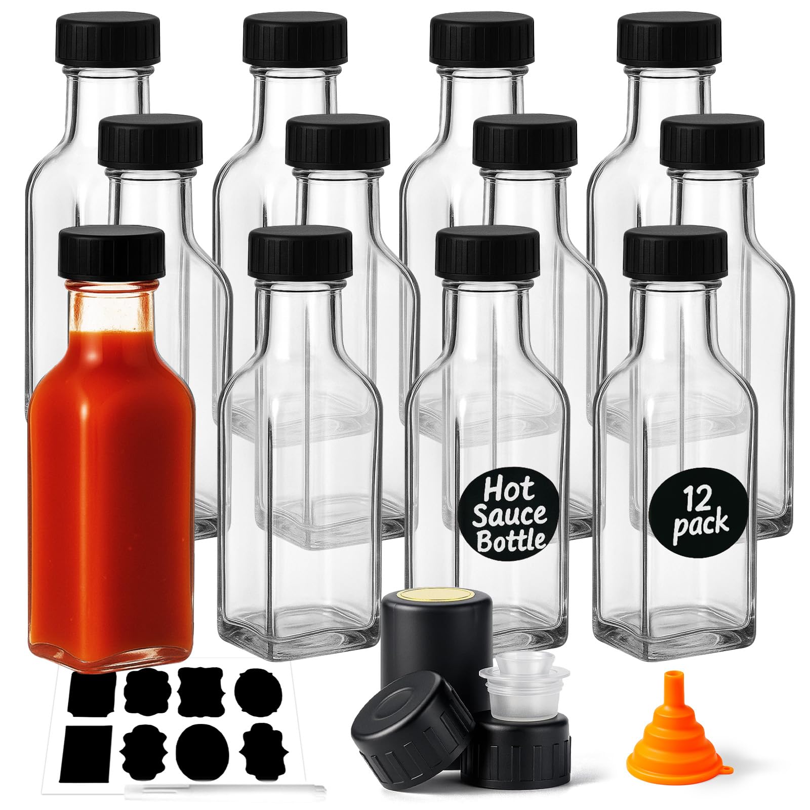 WERTIOO Hot Sauce Bottles 12-Pack 5oz Glass Bottles with Caps - Square Hot Sauce Containers for Homemade Chili Oil, Vinegar, BBQ