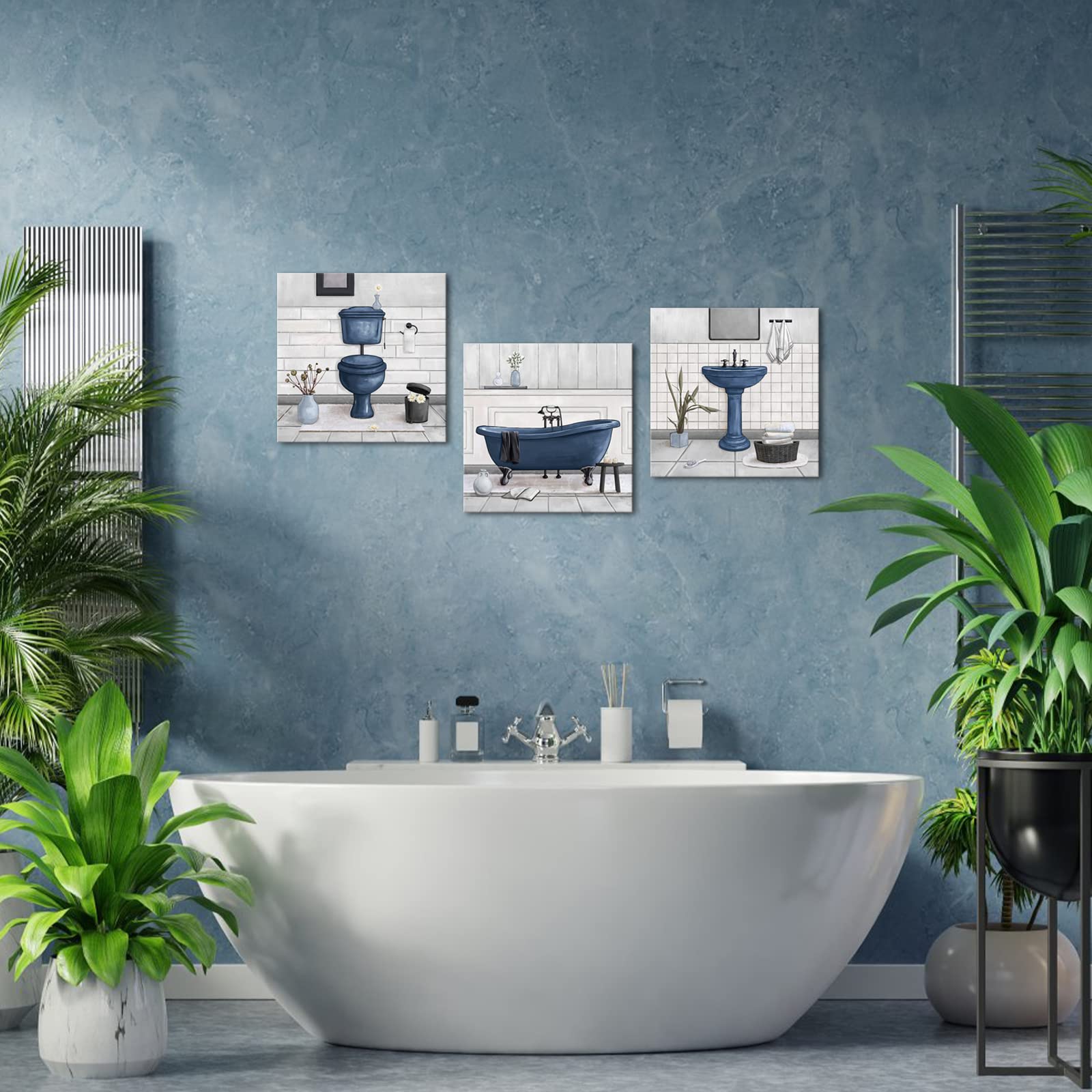 Homeoart Bathroom Wall Art Bath Tub Painting Picture Bathroom Wall Decor Framed Ready To Hang 12X12Inchx3,Deep Blue