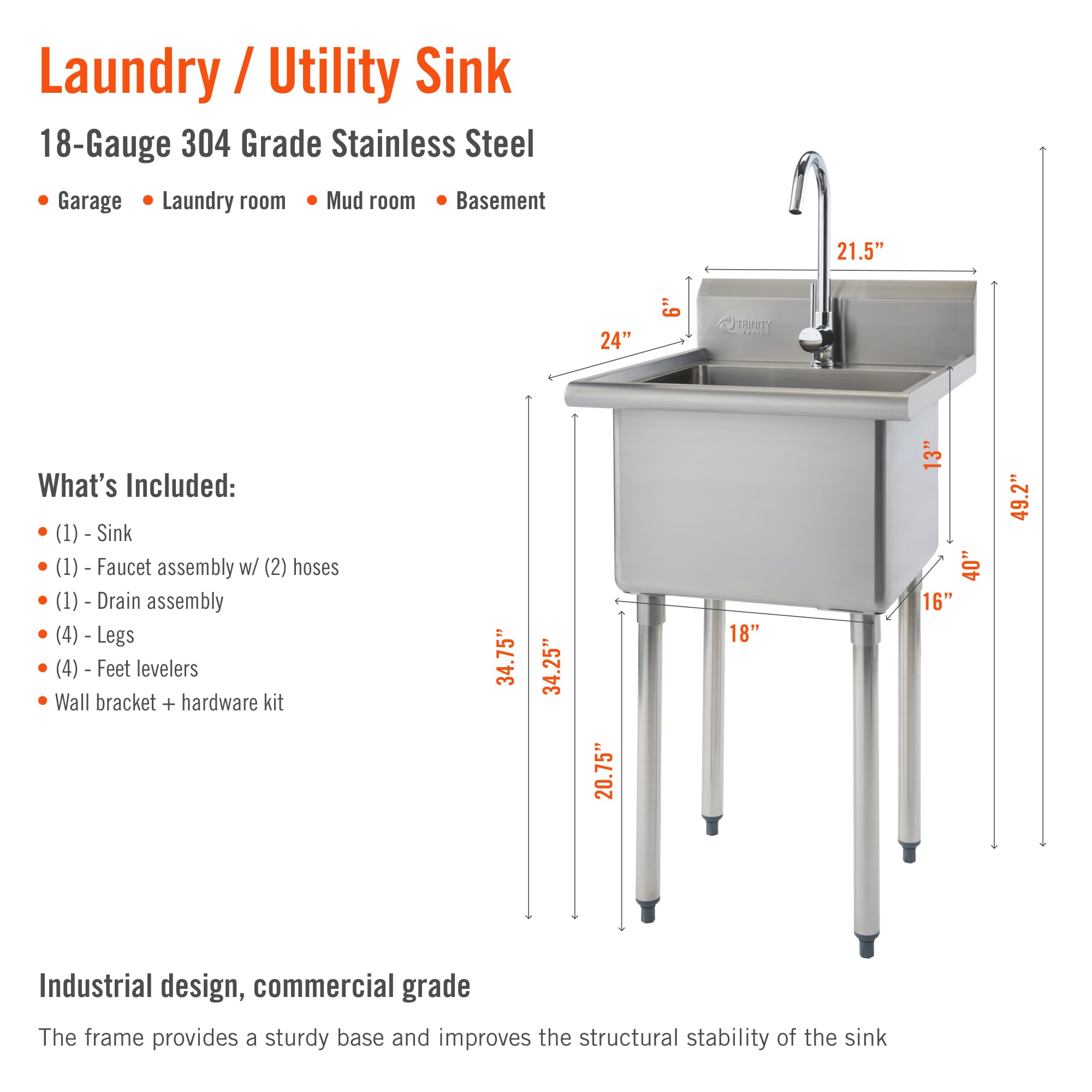 TRINITY THA-0307 Basics Stainless Steel Freestanding Single Bowl Utility Sink for Garage  Laundry Room  and Restaurants  Includes Faucet  NSF Certified  49.2 21.5 24-Inch  Chrome