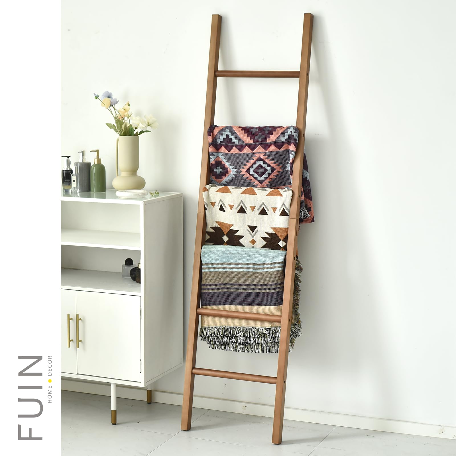Fuin 6Ft Wooden Natural Blanket Ladder Living Room Decorative Wall Leaning Farmhouse Quilt Display Holder Rustic Wood Towel Rack