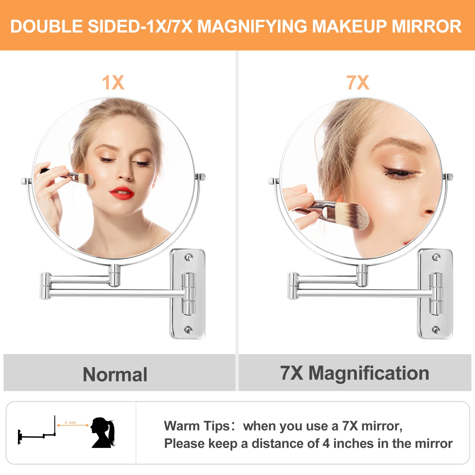 Ffowcye 9'' Magnifying Wall Mounted Makeup Mirror, 1X/7X Double-Sided Bathroom Vanity Mirror, Swivel Extendable Shaving Mirror,