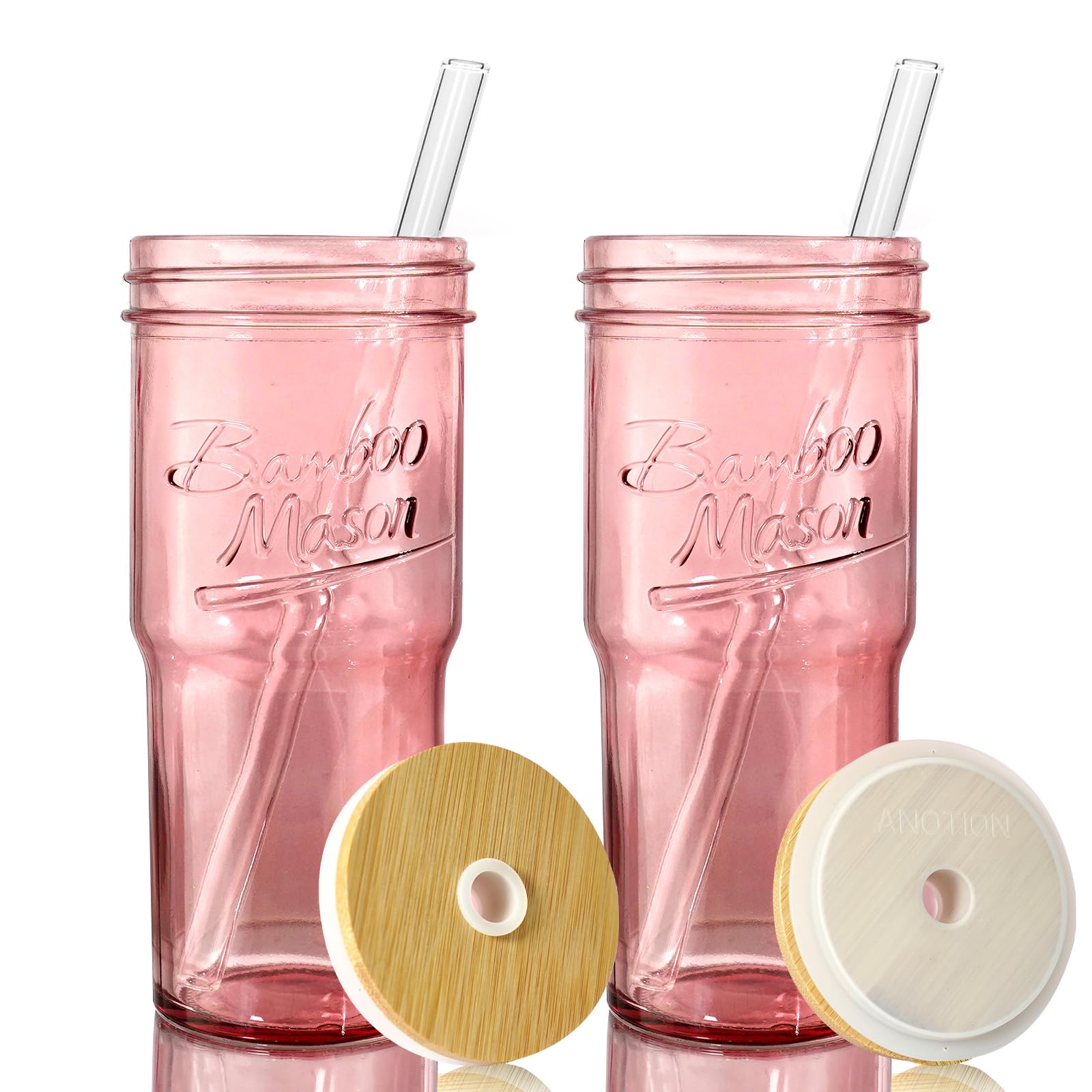 ANOTION Glass Cups with Lids and Straws, 24oz Pink Glass Tumbler Travel Coffee Mug Bamboo Mason Jar Iced Cup Smoothie Tea Clear 