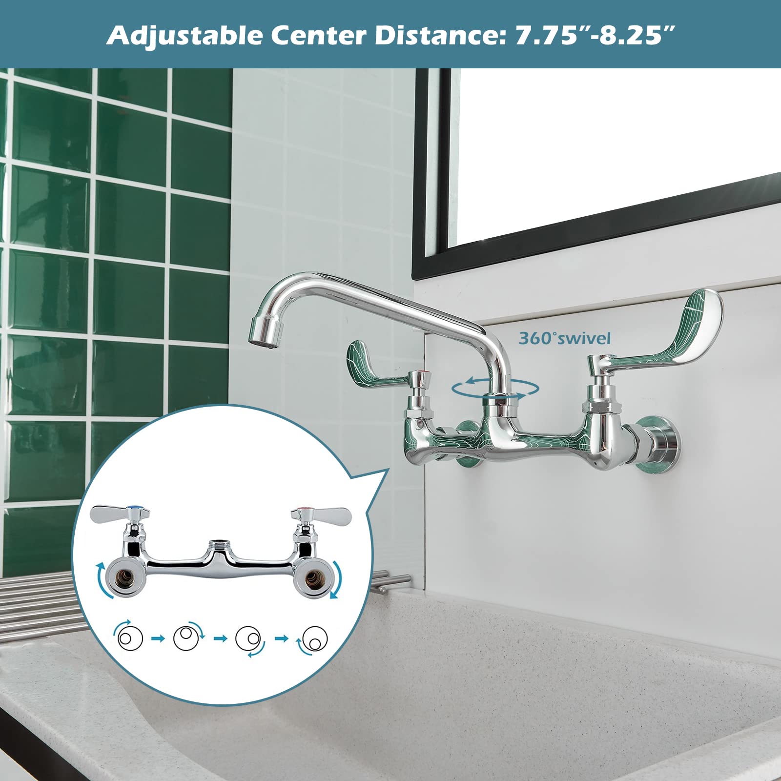 Bwe Kitchen Faucets Wall Mount 2 Handle With 12 '' Swivel Spout 8 '' Center Commercial Sink Faucet Polished Chrome Utility Laund