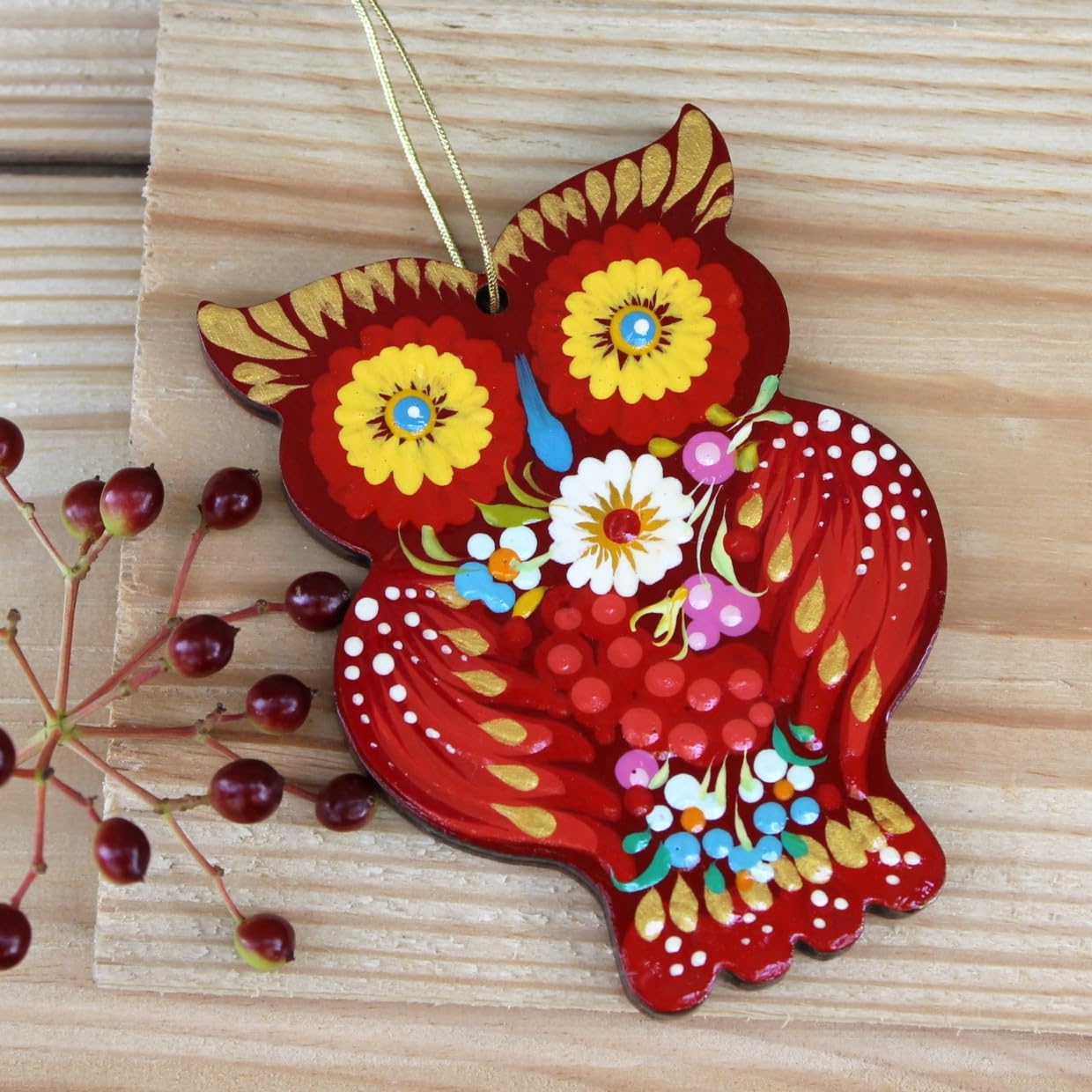 Folk Art Christmas Tree Ornament Owl Wooden Hand Painted Both Sides 2,6 ? 3,7 ? 0,2 Inch Beautiful Handmade Owls Christmas Decor