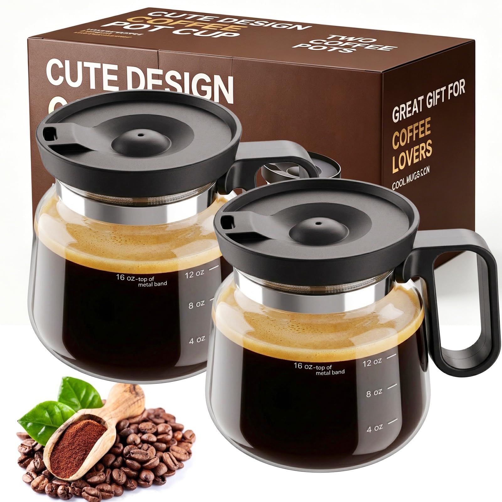 2 PCS Coffee Pot Mug with Lid,16 Oz Glass Mini Coffee Cup Set | Spill Proof Heatproof Large Capacity Clear Travel Mug & Novelty 