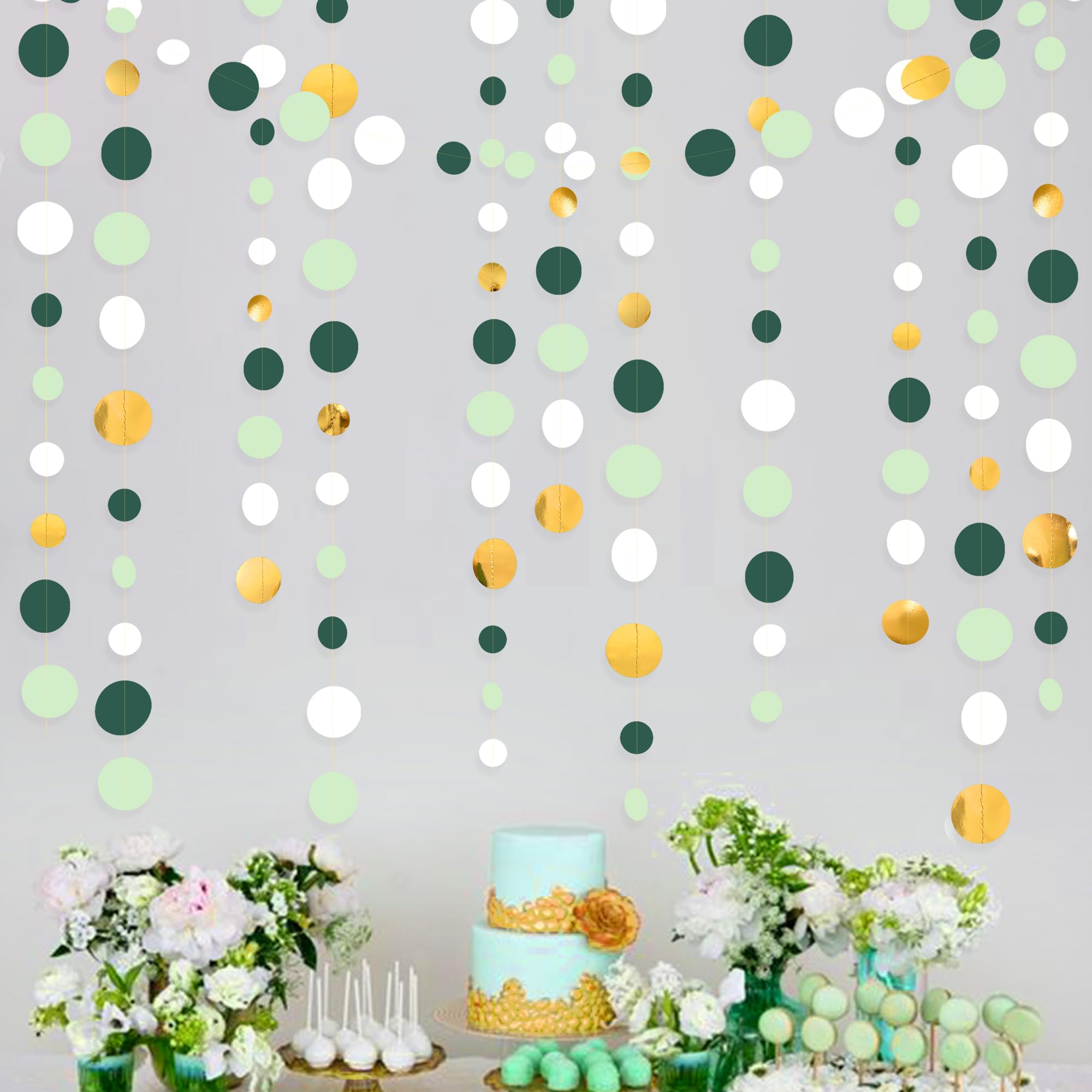 46 Ft Sage Green Gold Party Decorations Polka Dots Garlands Hanging Paper Circle Dots Streamer For Safari Wild Woodland Jungle T