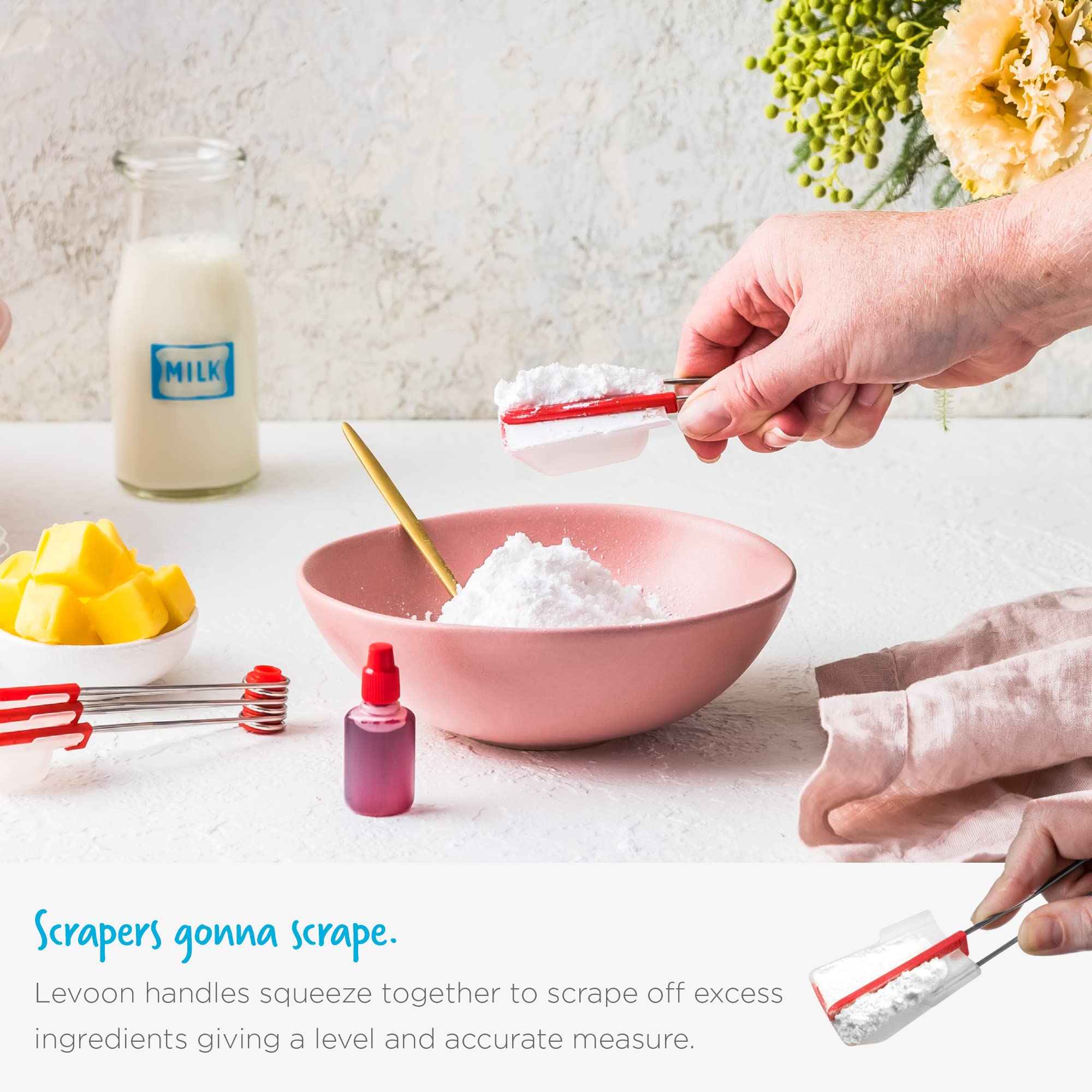 Dreamfarm - Levoons Self-Leveling Measuring Spoons Set For Kitchen And Baking, Set Of 4, Red