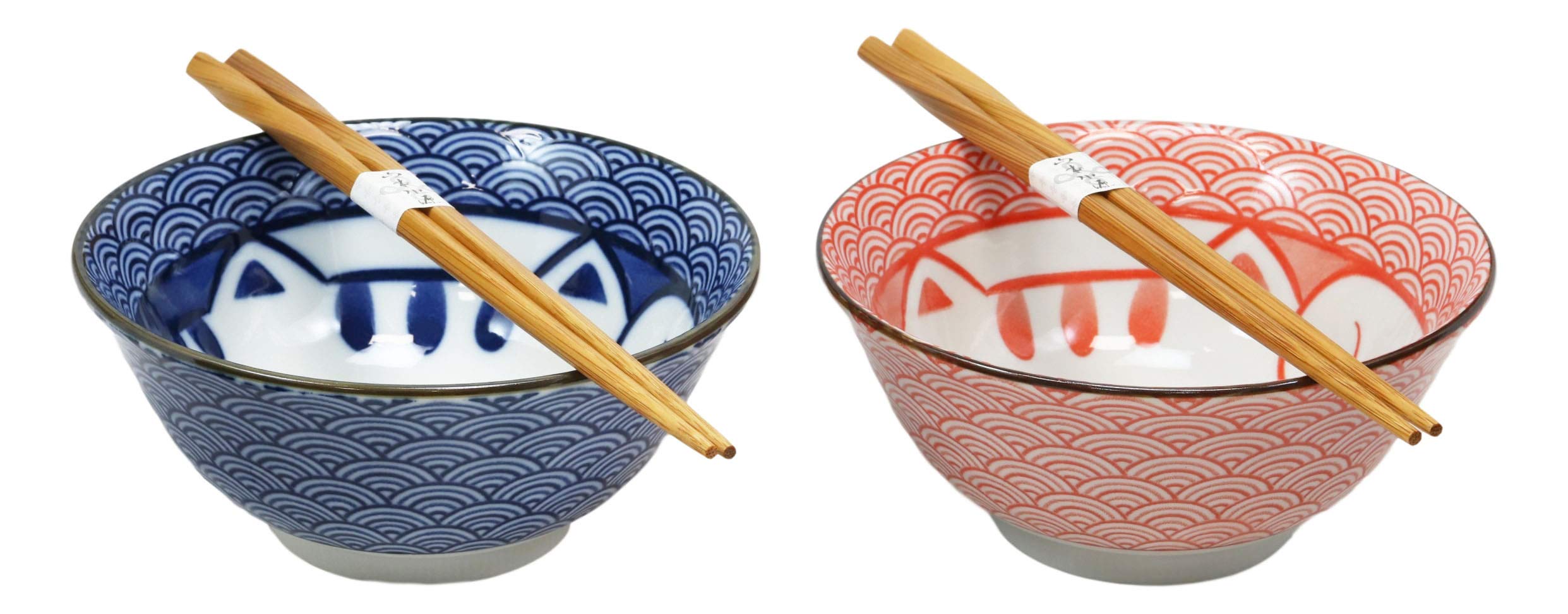 Ebros Gift Made In Japan Auspicious Lucky Meow Cat Maneki Neko Colorful Porcelain Bowls With Bamboo Chopsticks Set Of 2 For Sala