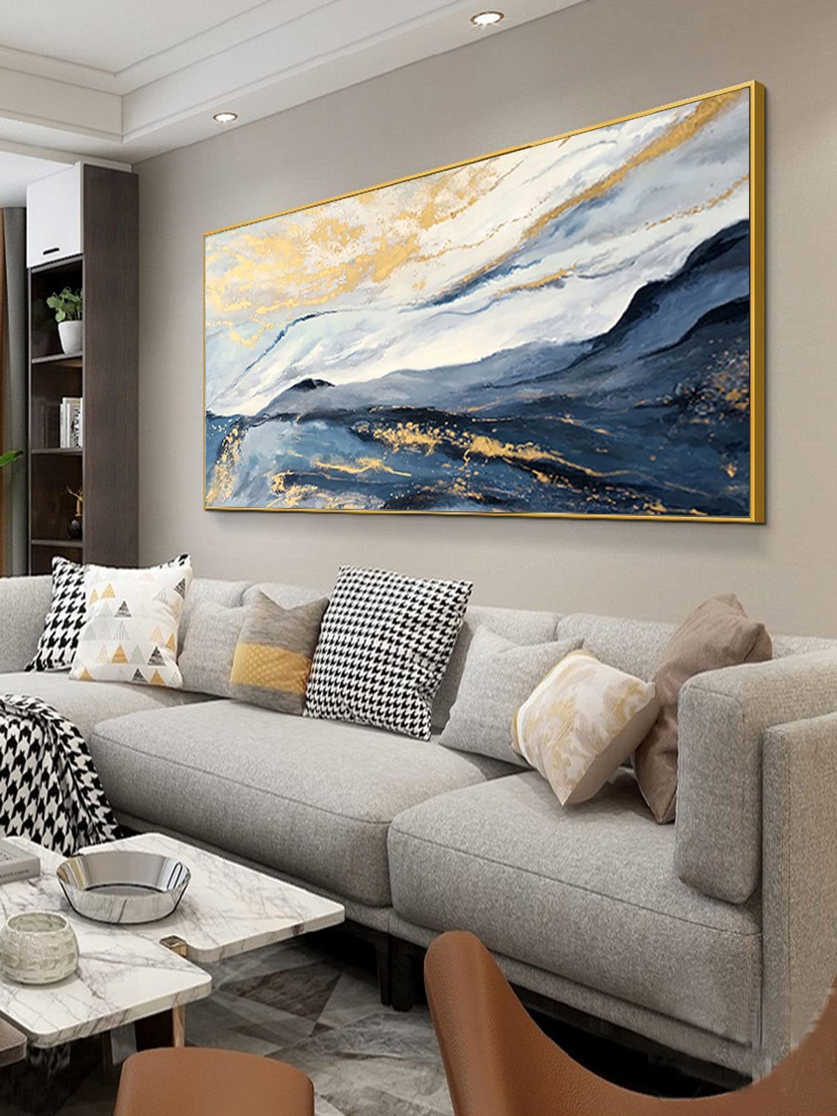 Blue And Gold Abstract Canvas Art Wall For Living Room-Framed Blue Mountain Oil Painting For Bedroom -Modern Landscape Wall Deco
