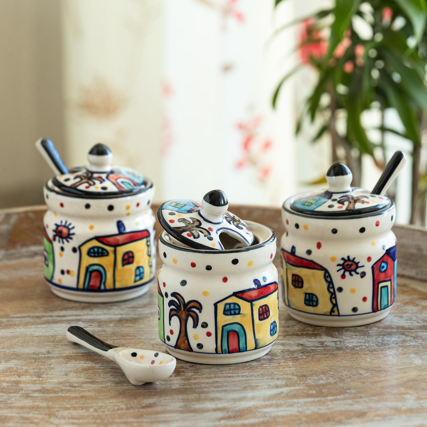 Exclusivelane The Hut Ceramic Pickle Jars For Dining Table With Spoon (Set Of 3, NonAirtight, 280 Ml, MultiPurpose)|Pickle J