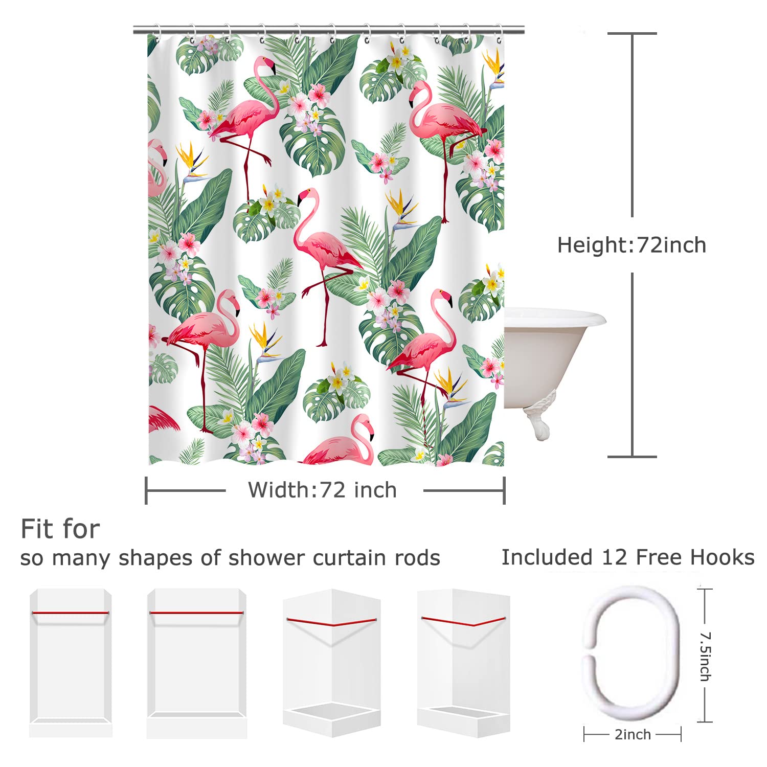 Livilan Flamingo Shower Curtain For Bathroom Palm Leaf Shower Curtain Tropical Shower Curtain Set With Hooks Tropical Bathroom D