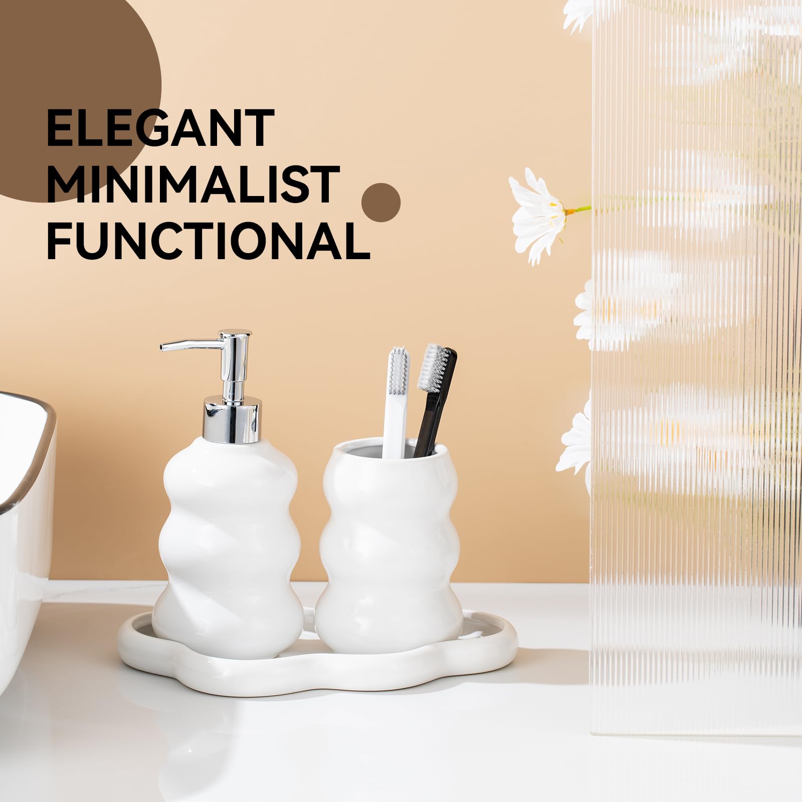 3-Piece White Ceramic Bathroom Accessories Set With Tray, Lotion Dispenser, And Tumbler For A Luxurious Bath Experience