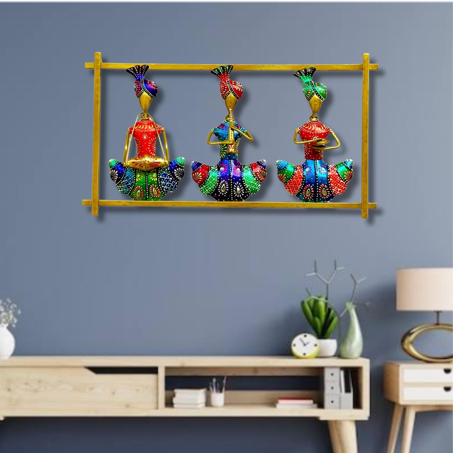 Rsn Aesthetic Metal 3 Rajasthani Musician Metal Frame Wall Dcor Entrance/Wall Hanging For Living Room, Wrought Iron Wall Art Dec