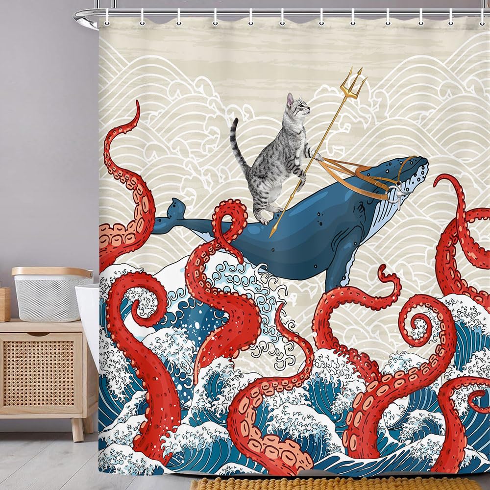 Uokiuki Funny Cat Whale Shower Curtain, Red Kraken Octopus Japanese Ocean Wave With Chinese Auspicious Clouds Shower Curtain Wit