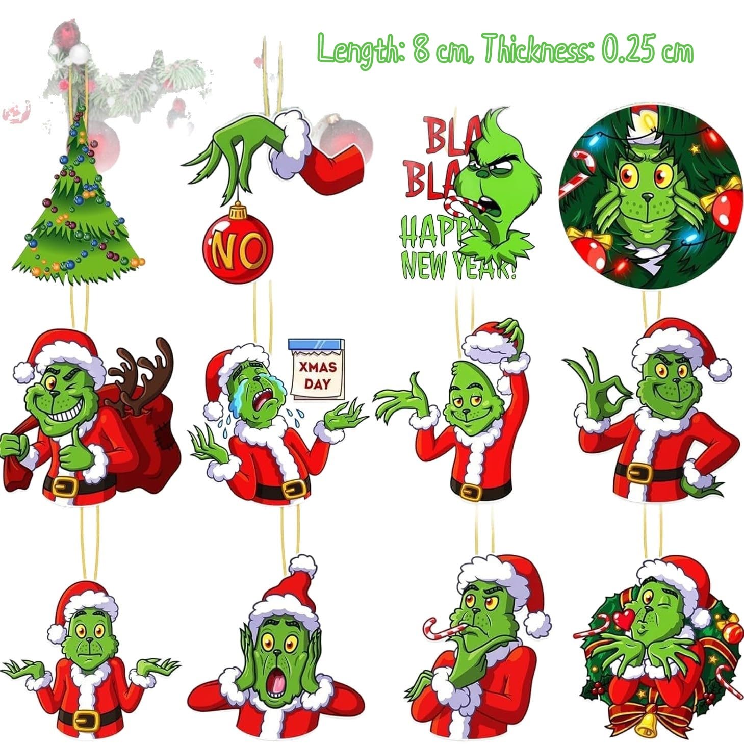 Grinch Christmas Ornaments for Christmas Tree Decorations 24 pcs Green Monster Wooden Hanging Ornament for Home Xmas Holiday Par