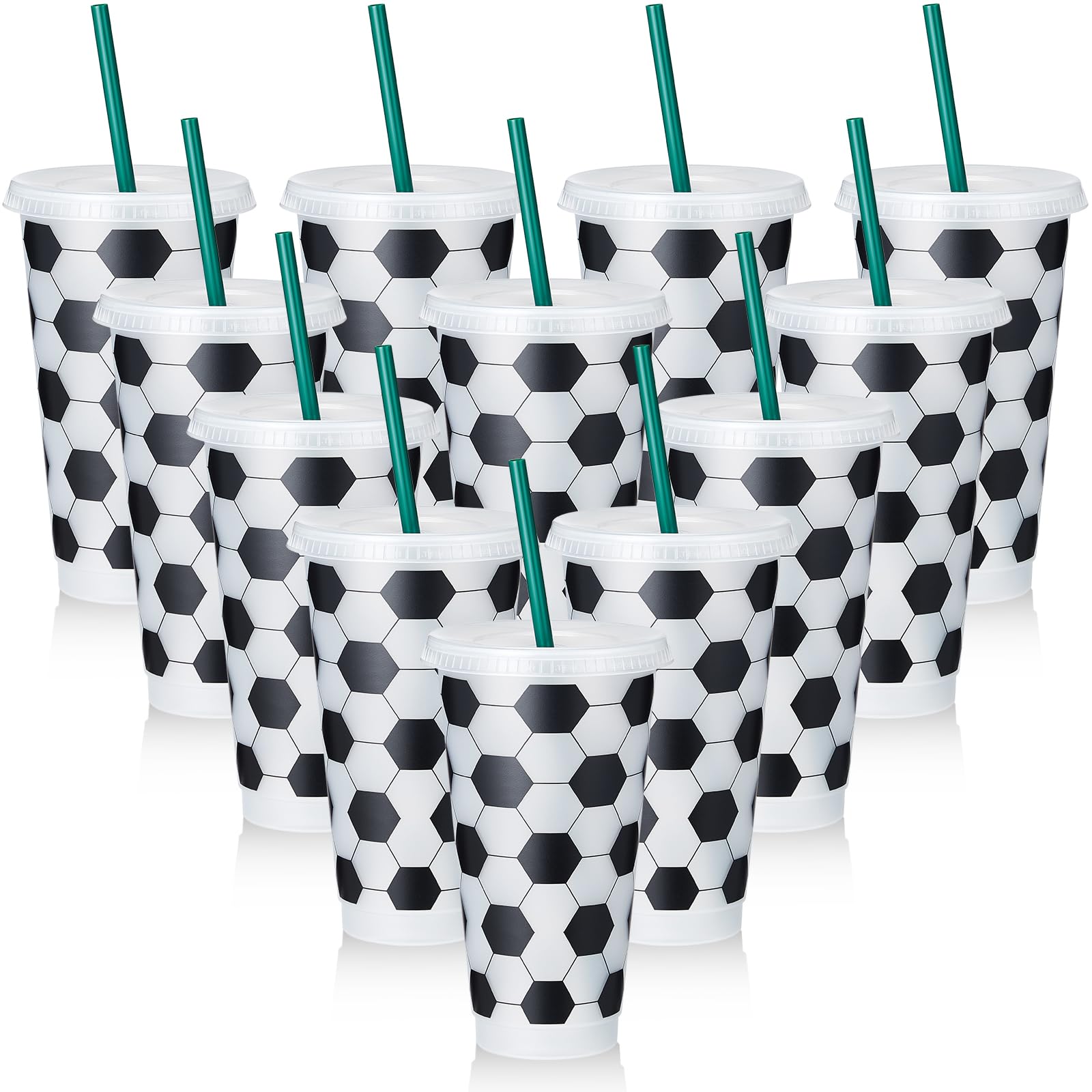 Uiifan 12 Pcs 24 oz Plastic Soccer Mug Bulk Reusable Tumbler with Lid and Straw Gifts for Coach Fan Men Women Soccer Team Sports