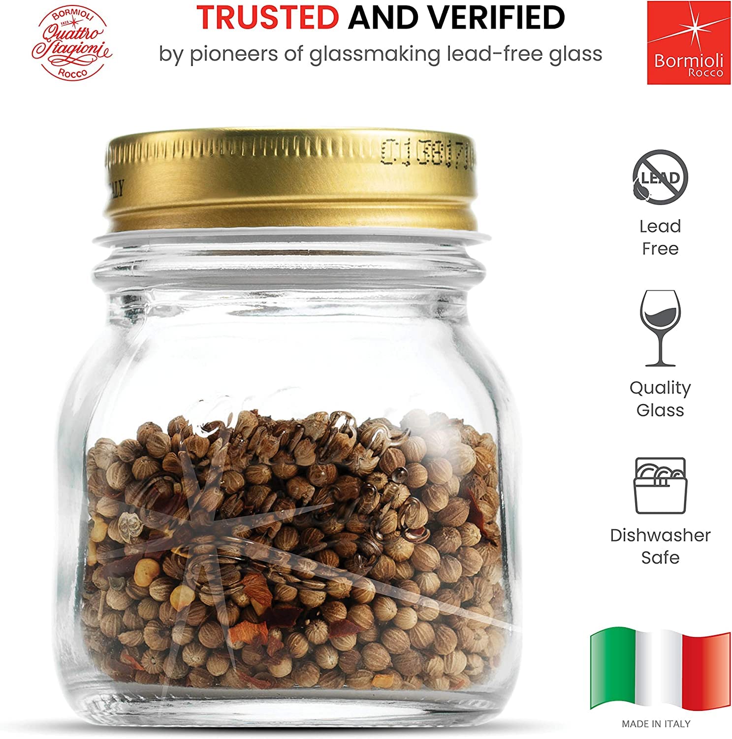 Bormioli Rocco Quattro Stagioni Set Of 4 Clear Airtight Mason Jars, 5 Oz. Made From Bpa Free Durable Glass, Made In Italy.
