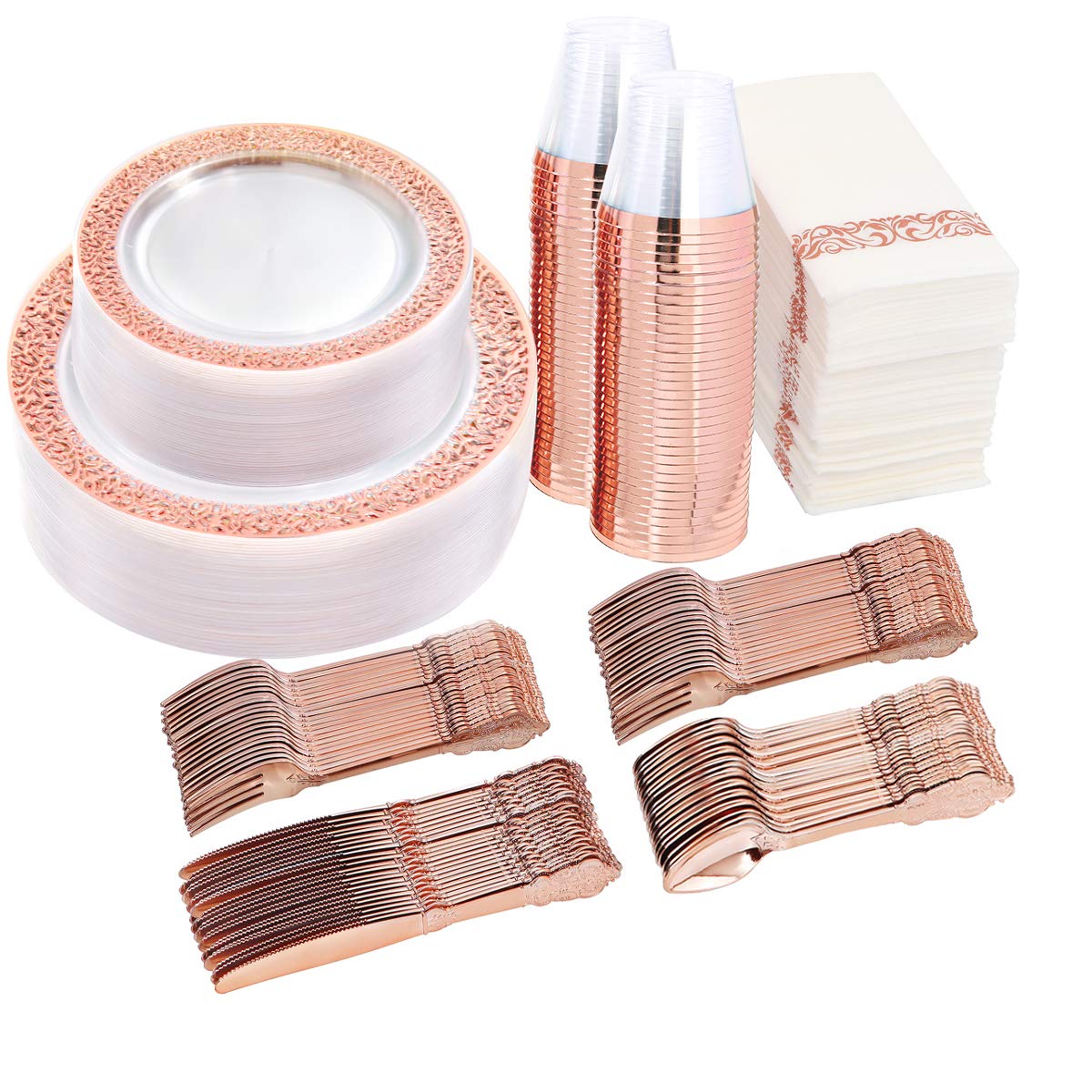 I00000 50 Guests Clear Rose Gold Plastic Plates - Disposable Valentine Plates Includes: 100 Clear Rose Gold Plastic Plates, 150