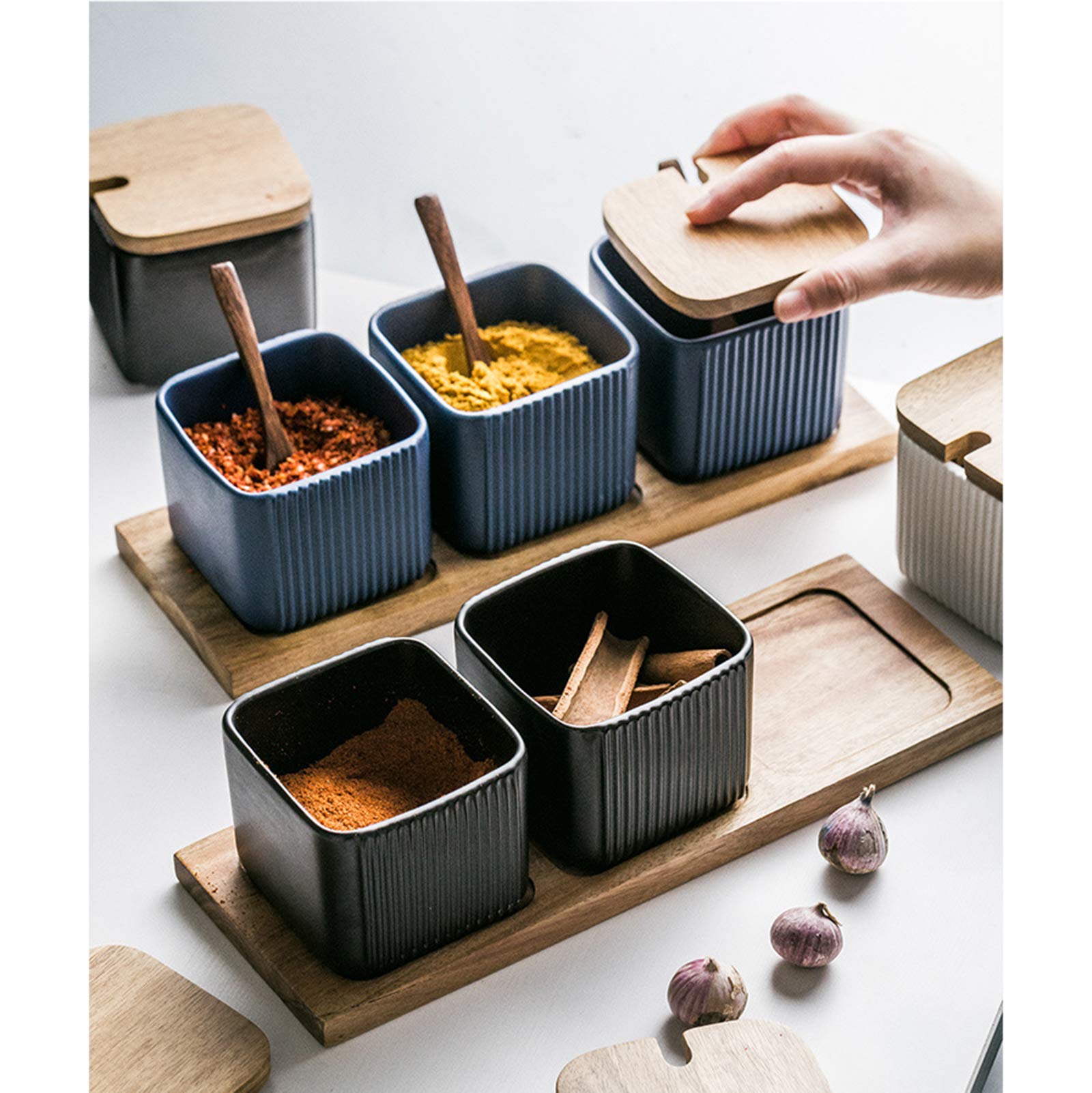 Bihoib Black Porcelain Sugar Bowl Condiment Pot Salt Container With Wooden Lid, Spoon And Tray, Modern Spice Box Seasoning Jar,