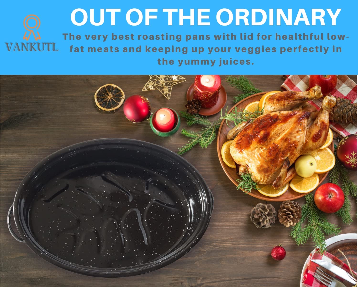 16 Inch Roasting Pan With Lid - Covered Oval Roaster - Enamel Carbon Steel Roaster Pot - Excellent Heat Distribution And Non-Sti