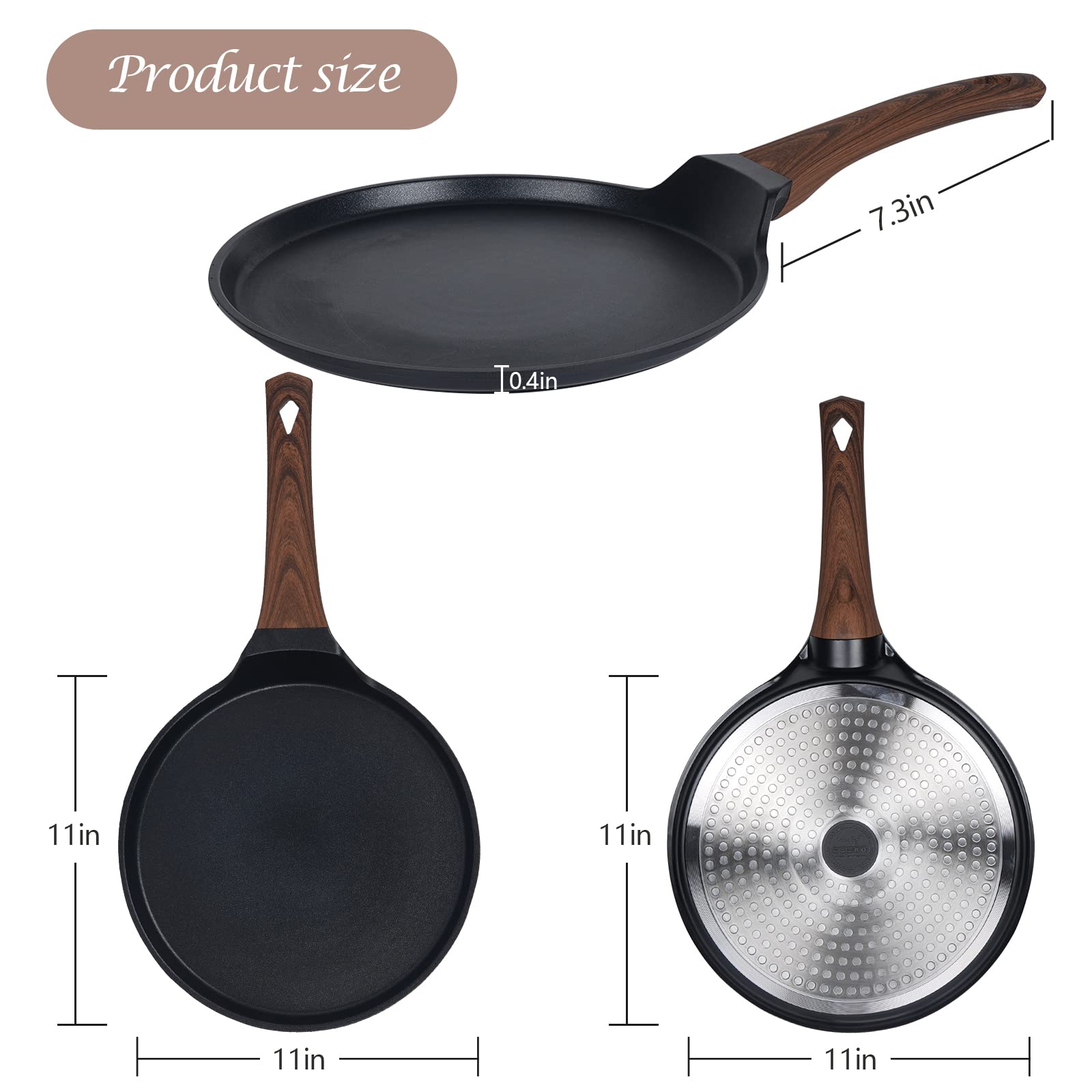 Vinchef Nonstick Crepe Pan, 11Inch Skillet Pan For Dosa Tawa Omelette Tortillas Crispy Pancake, Griddle Pancake Pan, Pfoa Free A