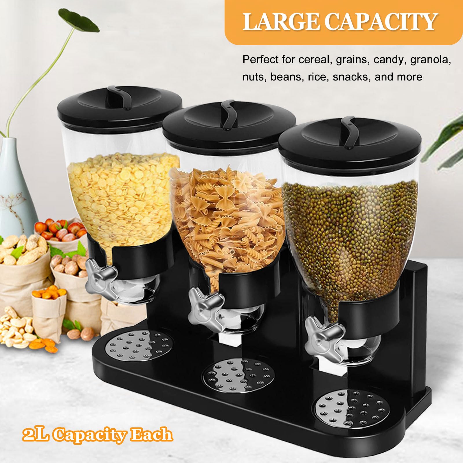 Cereal Dispenser Countertop, Large Capacity Cereal Dispenser For Pantry, Triple Dry Food Dispenser Cereal Containers Storage Dis