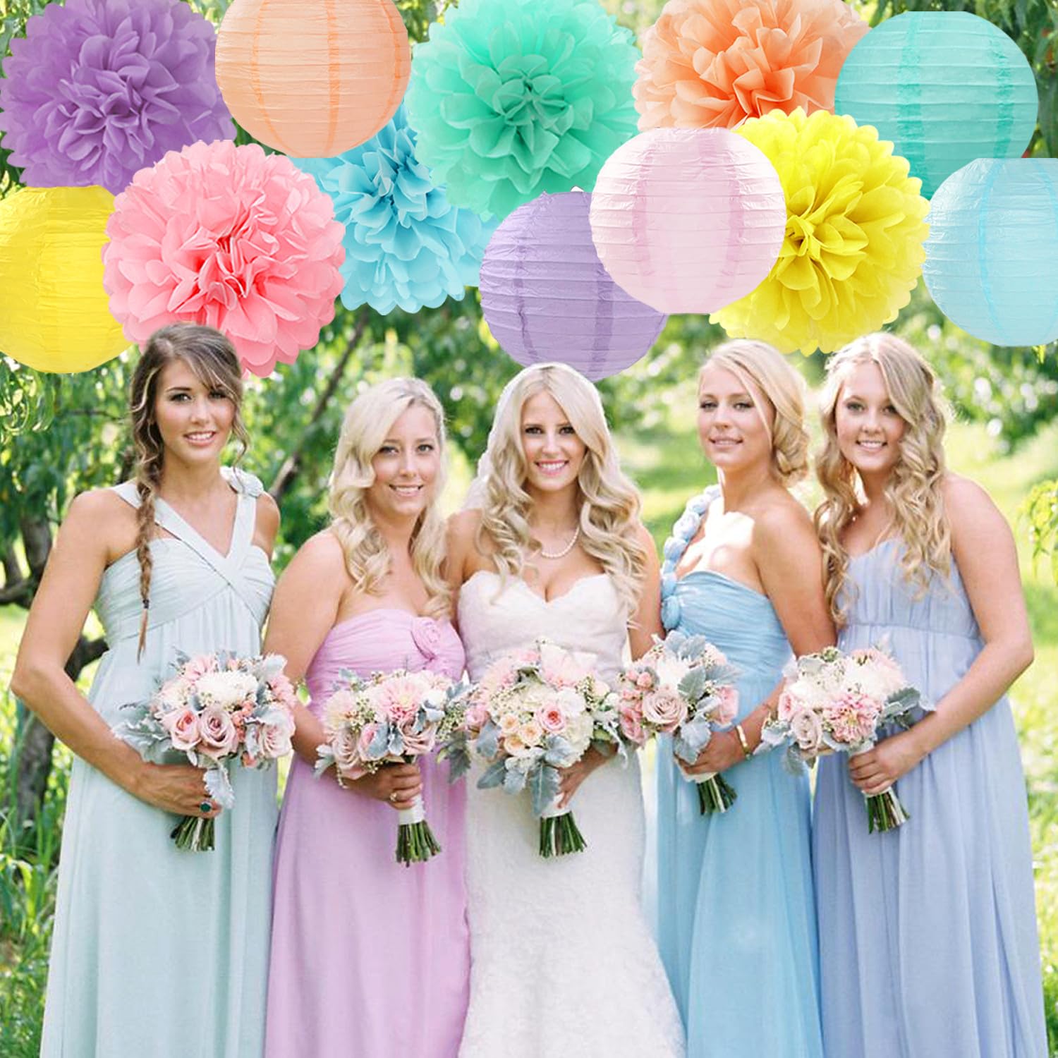 Pastel Rainbow Colorful Party-Decorations Paper Flowers Lanterns - 15Pcs Birthday Classroom Baby Shower Tissue Pom Poms Streamer