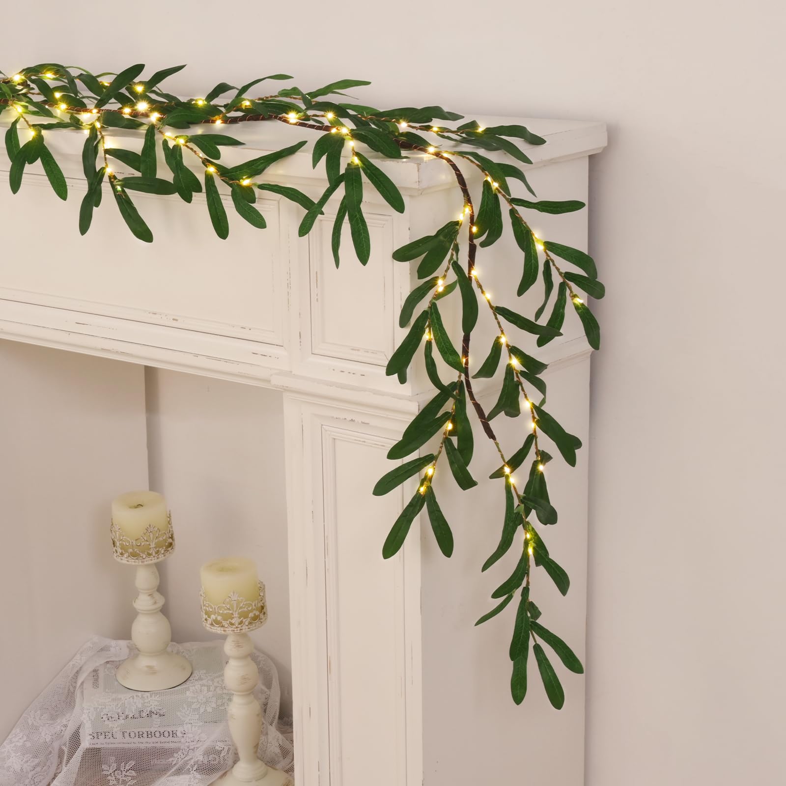 Waipfaru Christmas Olive Garland with Lights, 6FT Lighted Mantel Garland with Timer, Artificial Christmas Greenery Pre-lit Twig 