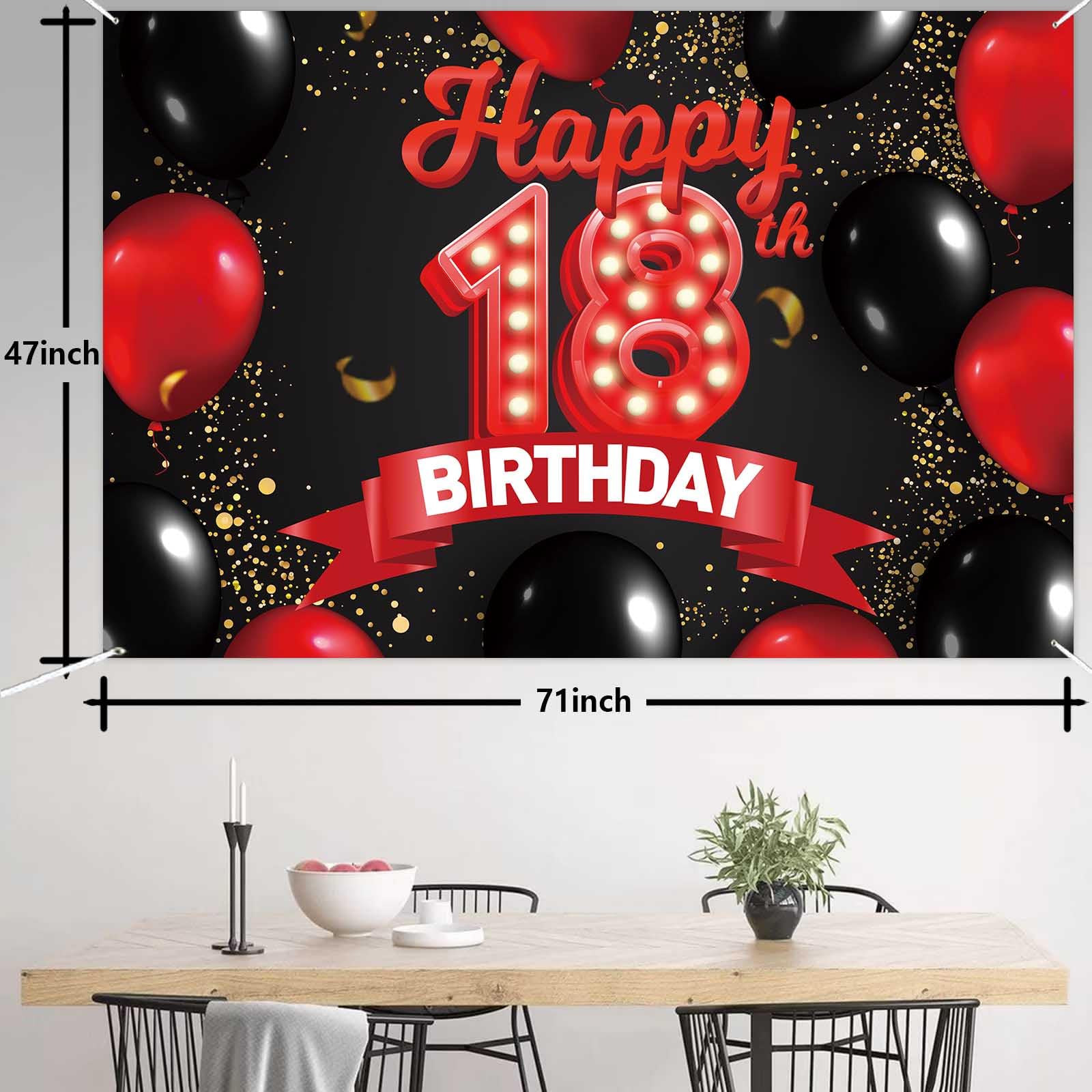 Happy 18Th Birthday Red And Black Banner Backdrop Balloons Theme Decor Decorations For Girls Women Princess 18 Years Old Birthda