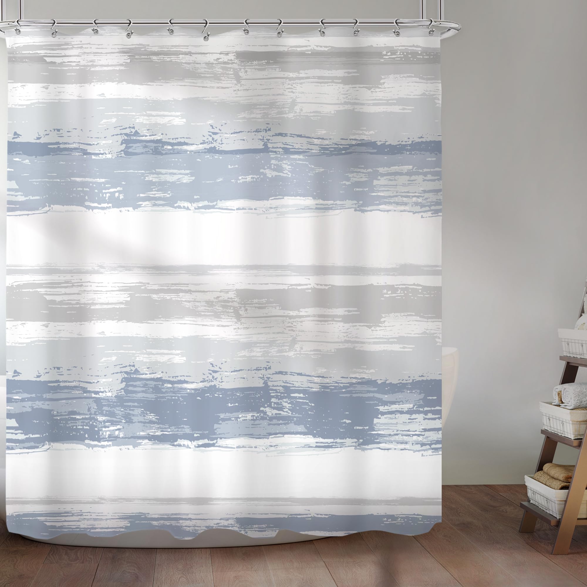 Komllex Abstract Blue Shower Curtain For Bathroom Decor 72Wx72H Modern White Grey Striped Aesthetic Minimalist Geometric Simple
