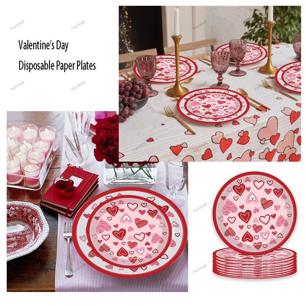 Furimuk Valentine'S Day Disposable Paper Plates Heart Love Print Dessert Plates For Valentine'S Wedding Memorial Day Bachelor Pa