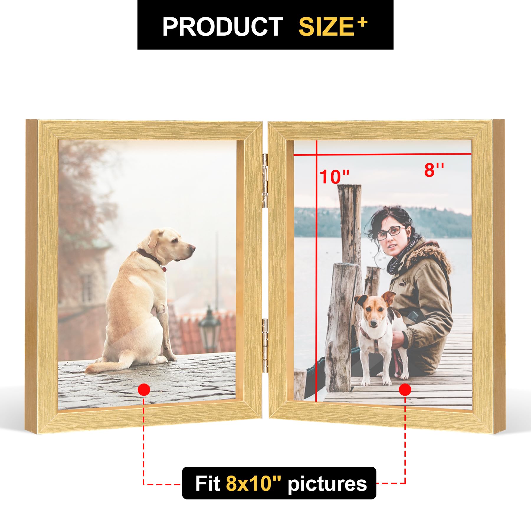 8x10 Double Picture Frame Wooden Hinged Photo Frame Definition Glass Stand Vertically on Desktop or Tabletop Gold