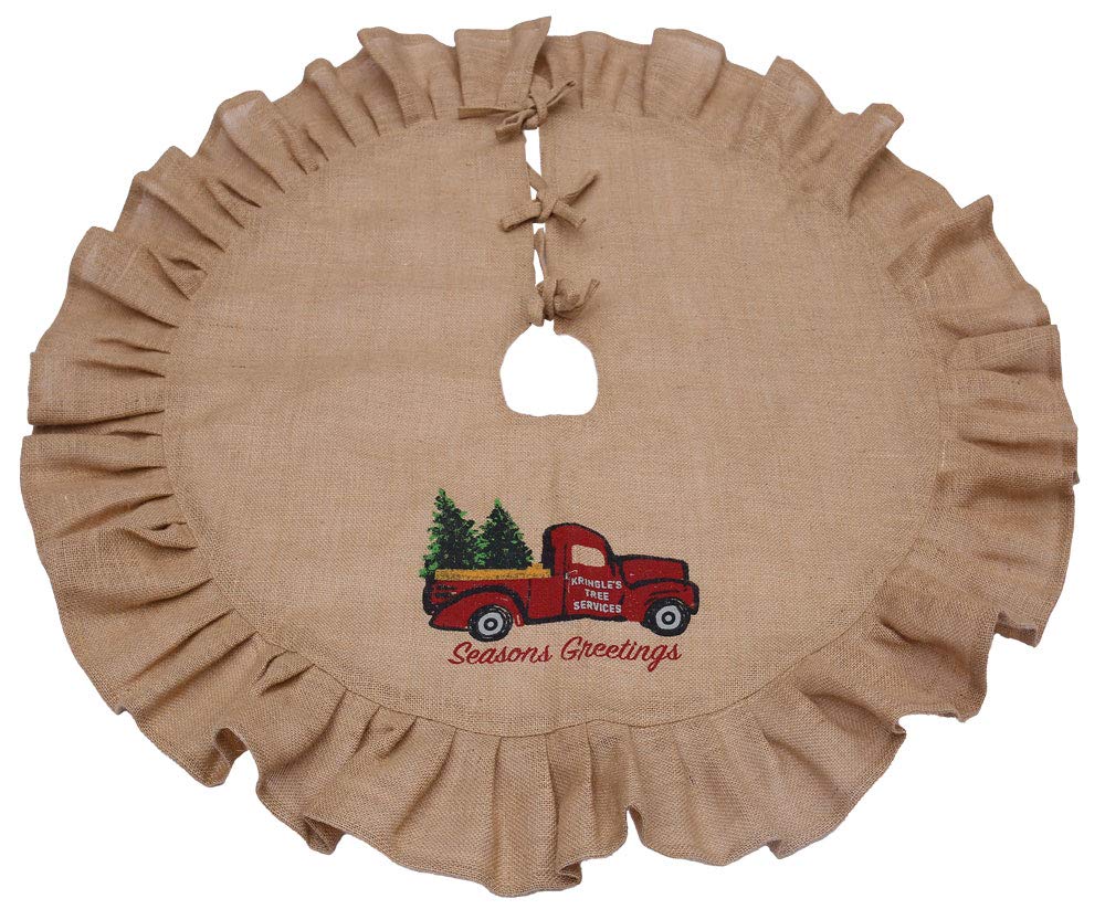 36 Tan Tree Skirt with Ruffled Edge and Vintage Red Truck Delivering Christmas Trees