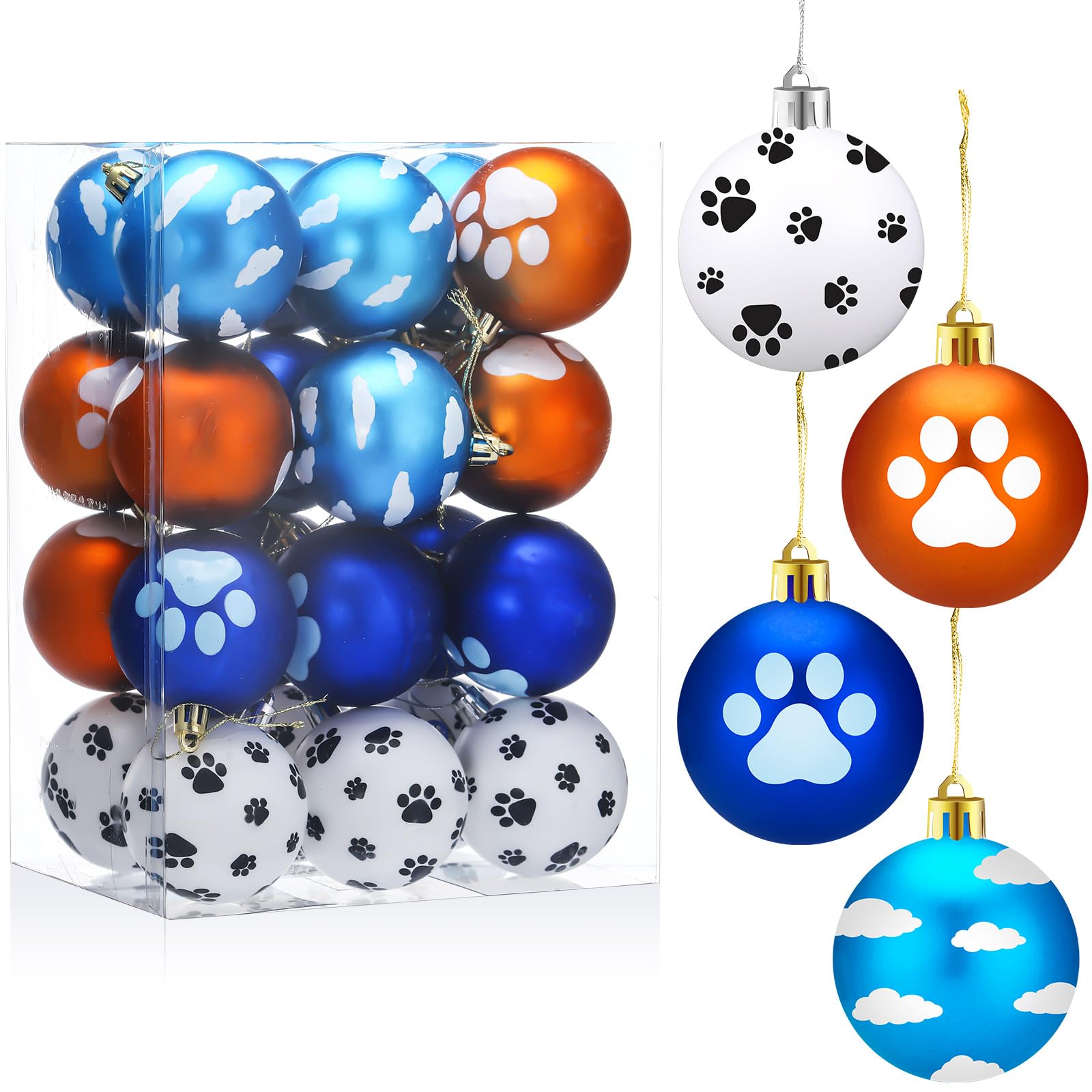 Hollowfly 24 Pcs Blue and Orange Christmas Dog Tree Ornaments 2.36 Inch Sky Cartoon Paw Clouds Christmas Ball Ornaments Set Plas