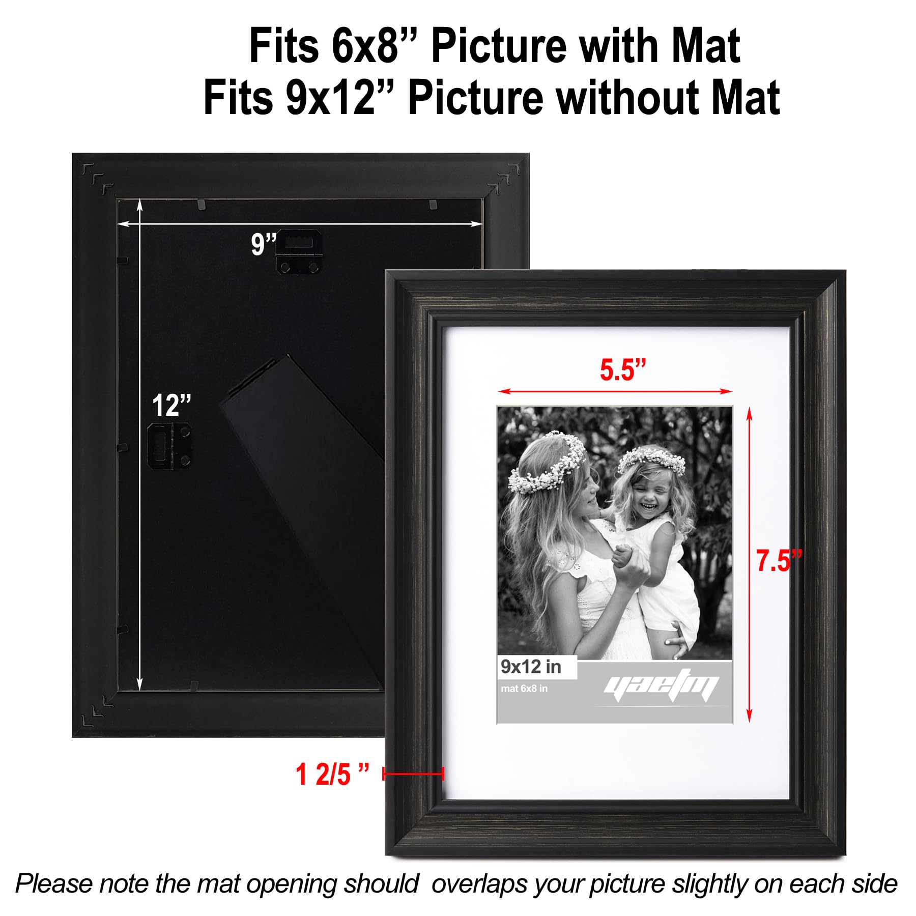 Yaetm 9x12 Picture Frame Matted to 6x8 Set of 4, 1.4    Wide Molding & Distressed Black Photo Frames 9 x 12 with Tempered Glass,