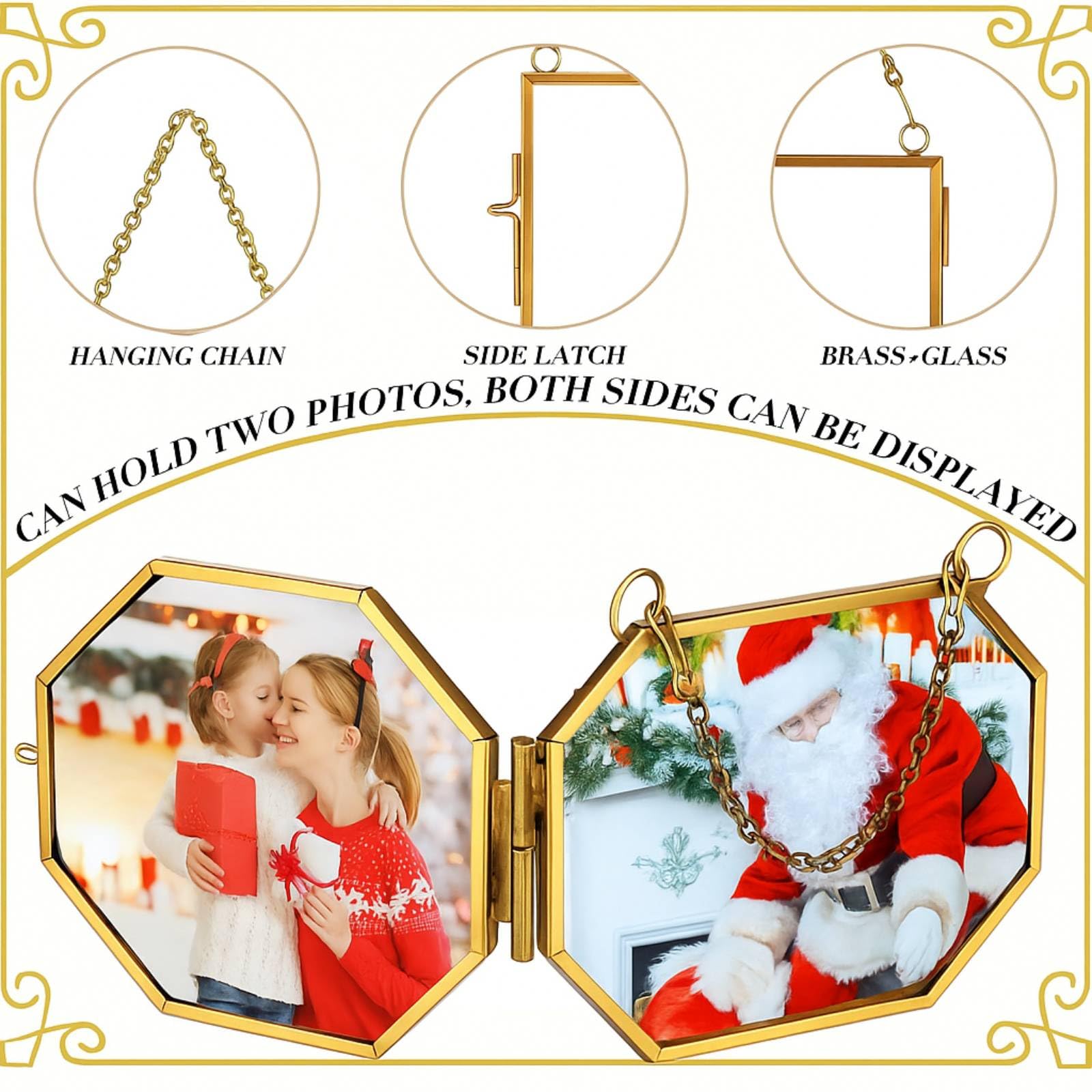 Qunclay 6 Pcs 2.5x3.5    3.5x2.5    Christmas Brass Picture Frame Ornaments Xmas Metal Double Glass Hanging Photo Frame with Met