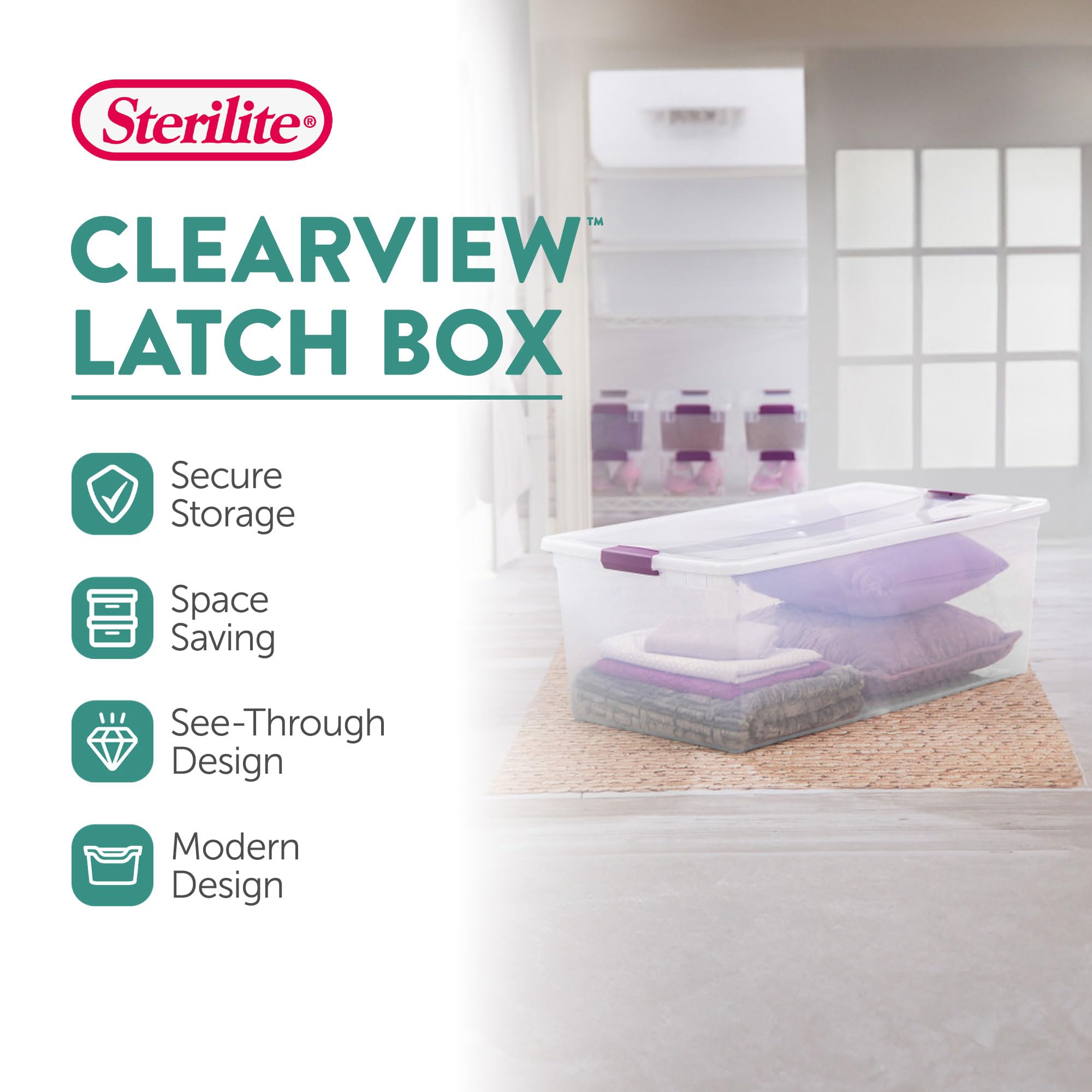 Sterilite 4-Pack Clearview Latch Box, Stackable Storage Organizer Bins For Home, 110 Quart