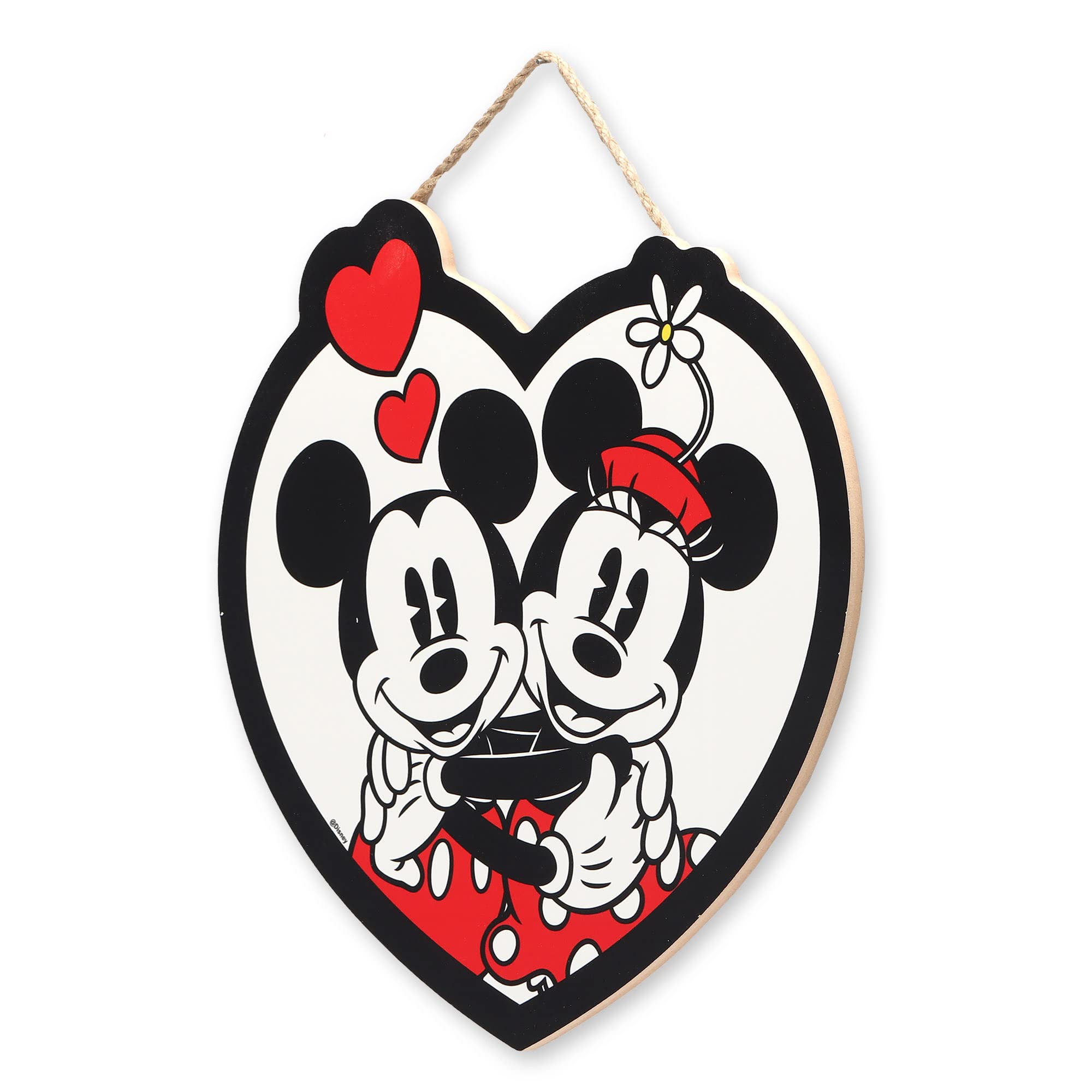 Open Road Brands Disney Mickey Mouse and Minnie Mouse Hanging Wood Sign - Heart Shaped Mickey Mouse Wall Art