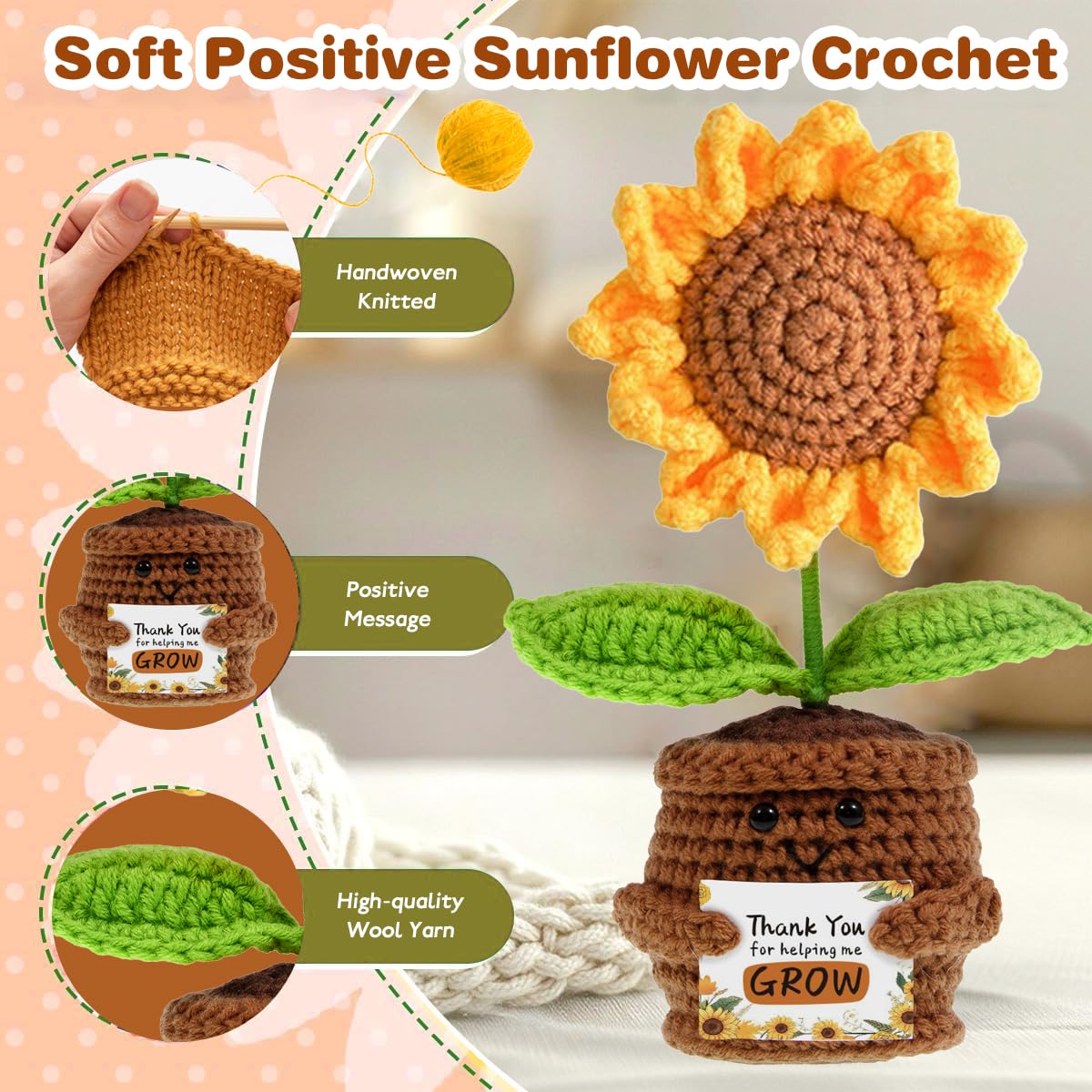 Hand Made Sunflower Crochet Knitting with Inspirational Cards - Thank You for Helping Me Grow Teachers and Parents Gifts for Chr