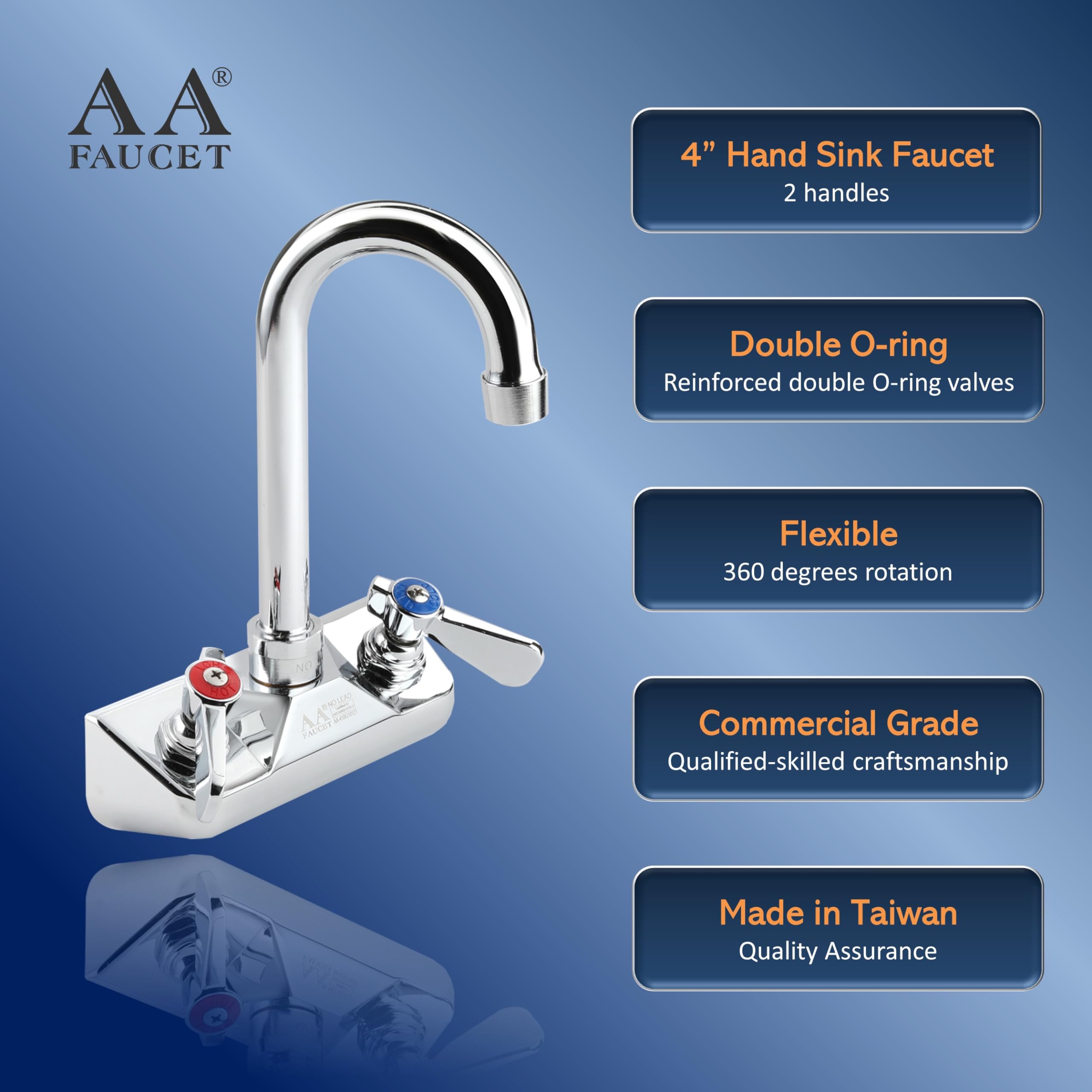 Aa Faucet 4'' Wall Mount Commercial Hand Sink Faucet With 3-1/2'' Gooseneck Spout, Brass Construction Chrome Polished For Restau