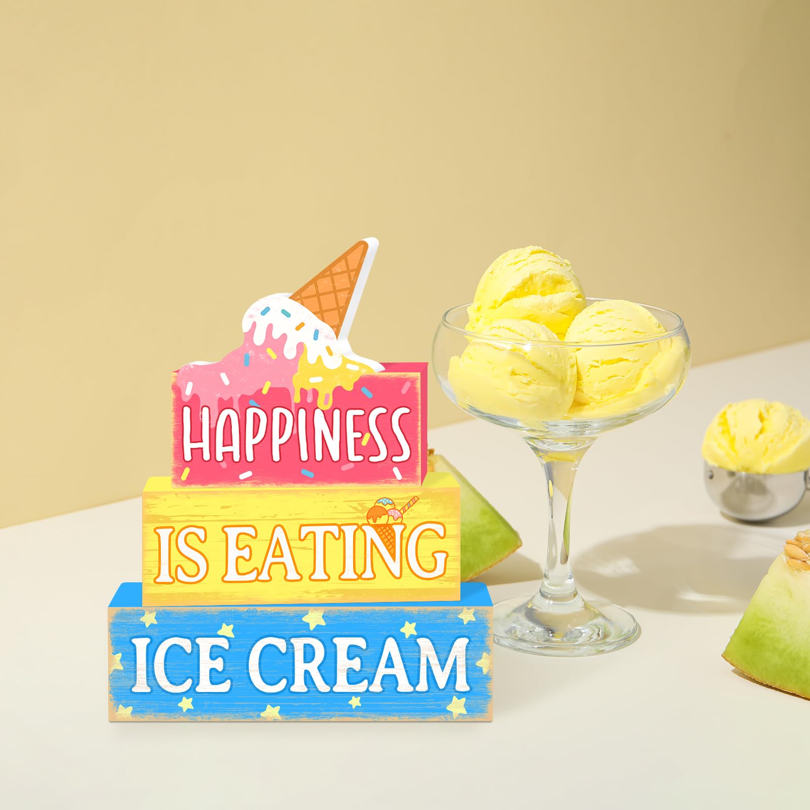 Britimes 4 Pcs Ice Cream Tiered Tray Decorations Set Popsicle Stack Block Signs Sunshine Farmhouse Rustic Tabletop Tiered Tray D