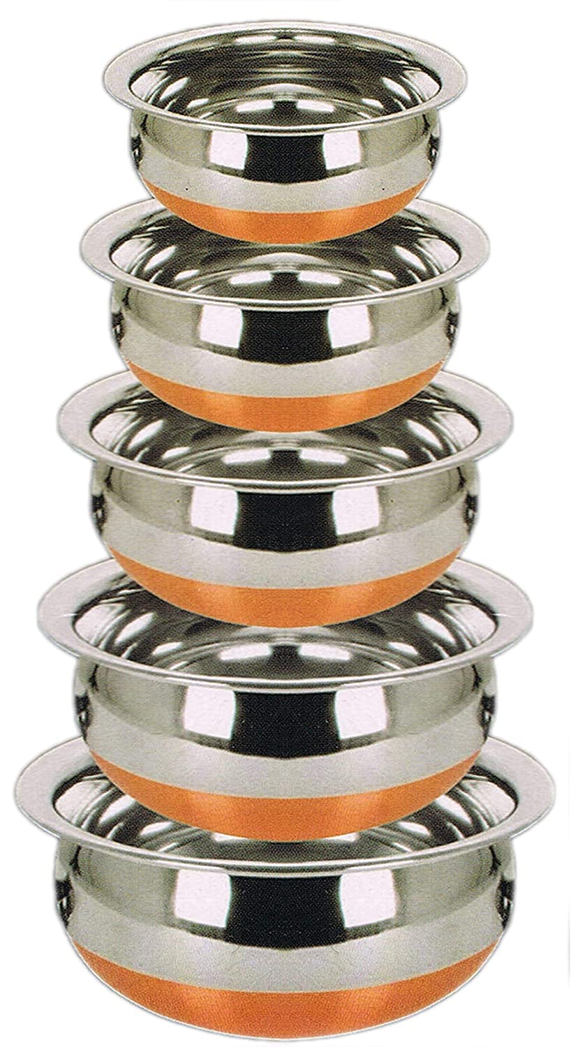 Ksjone Indian Serving Handi 5 Pcs. Set - Copper Bottom 500Ml, 750Ml, 900Ml, 1400 Ml, 1900 Ml. Stainless Steel Cooking Pot Biryan