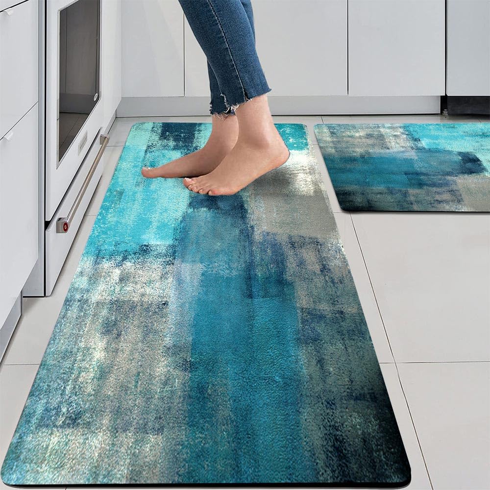 Tomwish Turquoise Kitchen Rug 2Pcs Anti-Fatigue Floor Mat Abstract Non Slip Kitchen Rugs And Mats Waterproof Pvc Ergonomic Comfo