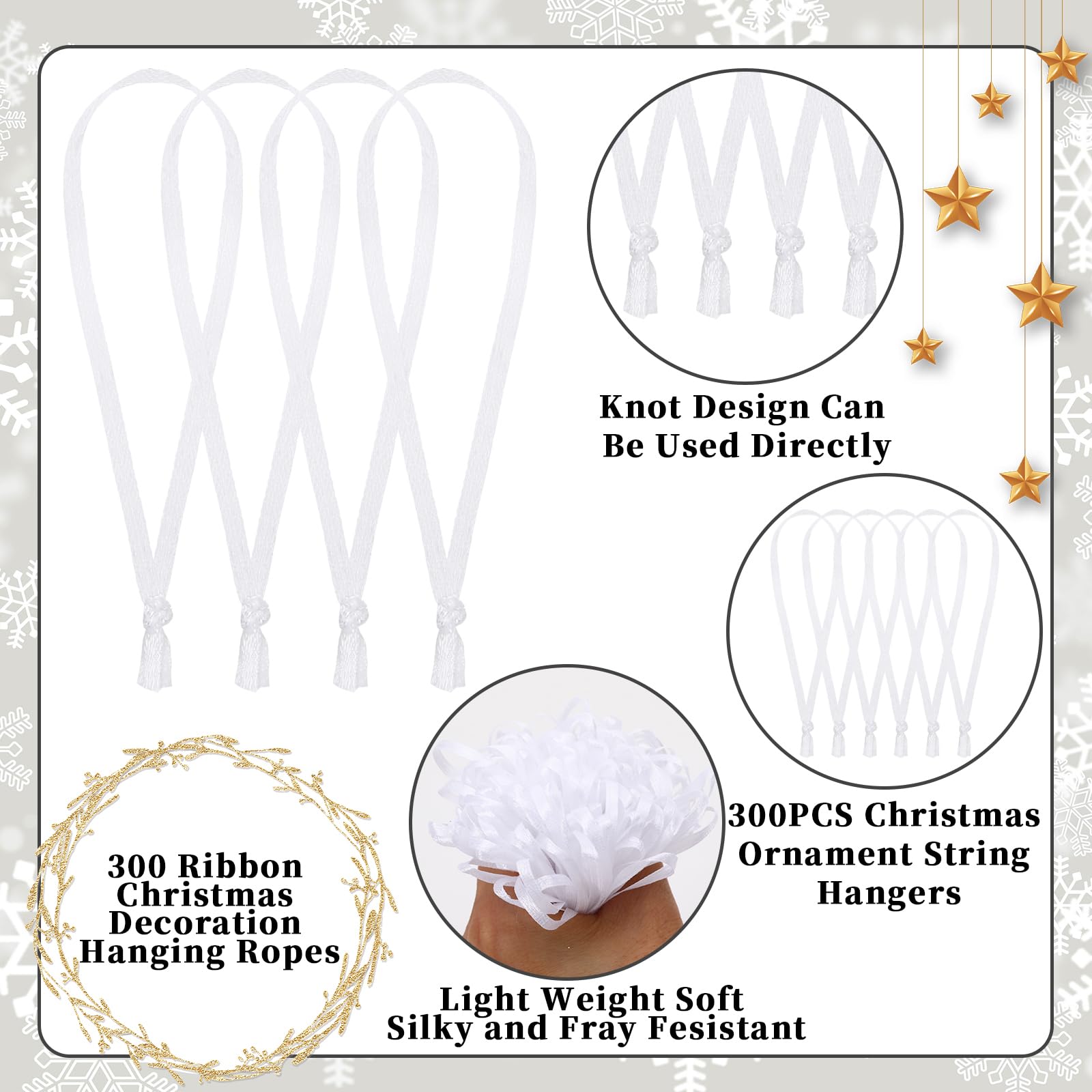 JUNEBRUSHS 300Pcs Christmas Ornament Ribbon Hangers, Hand Tied Ornaments String Ties Ornament Loops Thin Ribbon for Christmas Tr